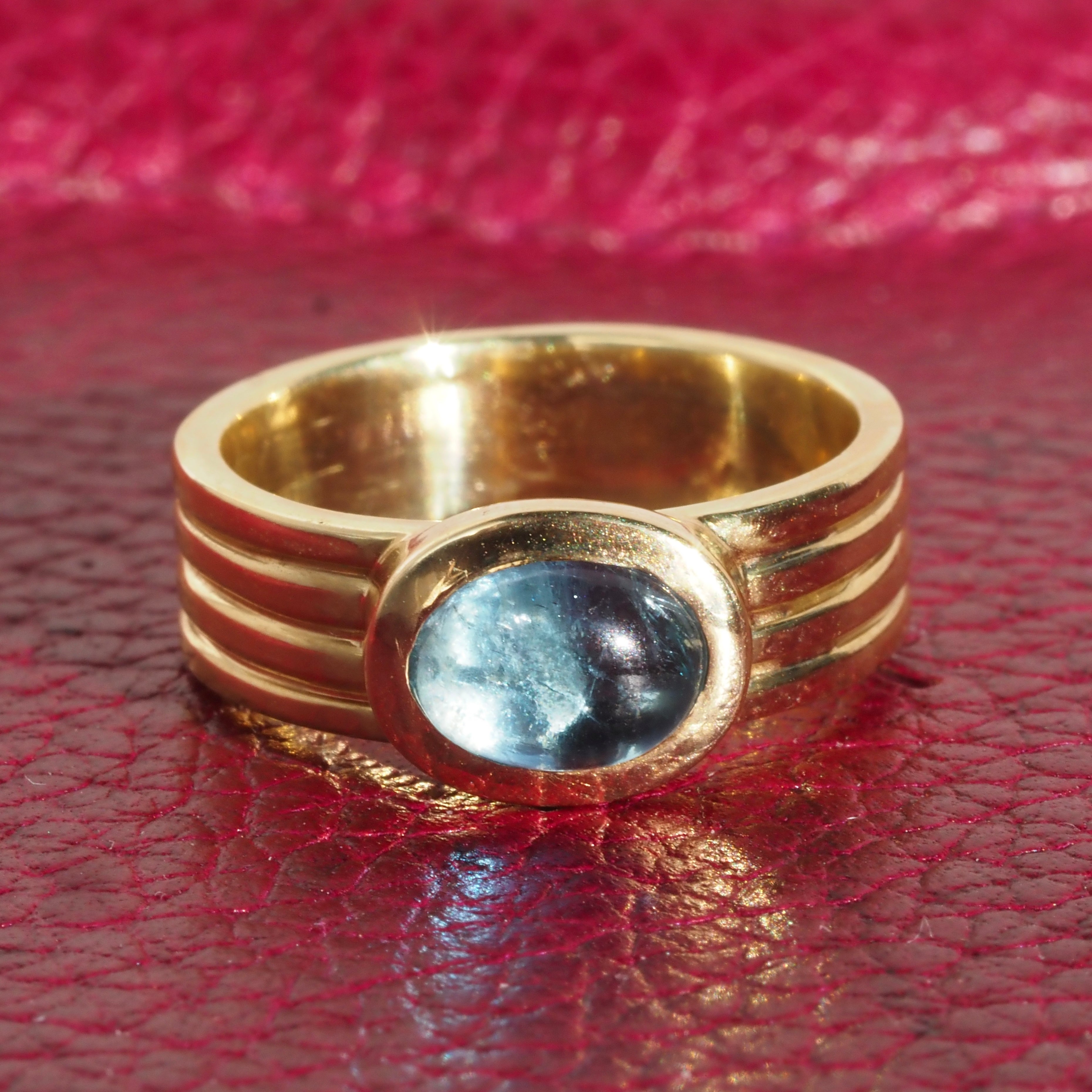 Vintage Aquamarine Cabochon Bezel Set 18k Gold Ring