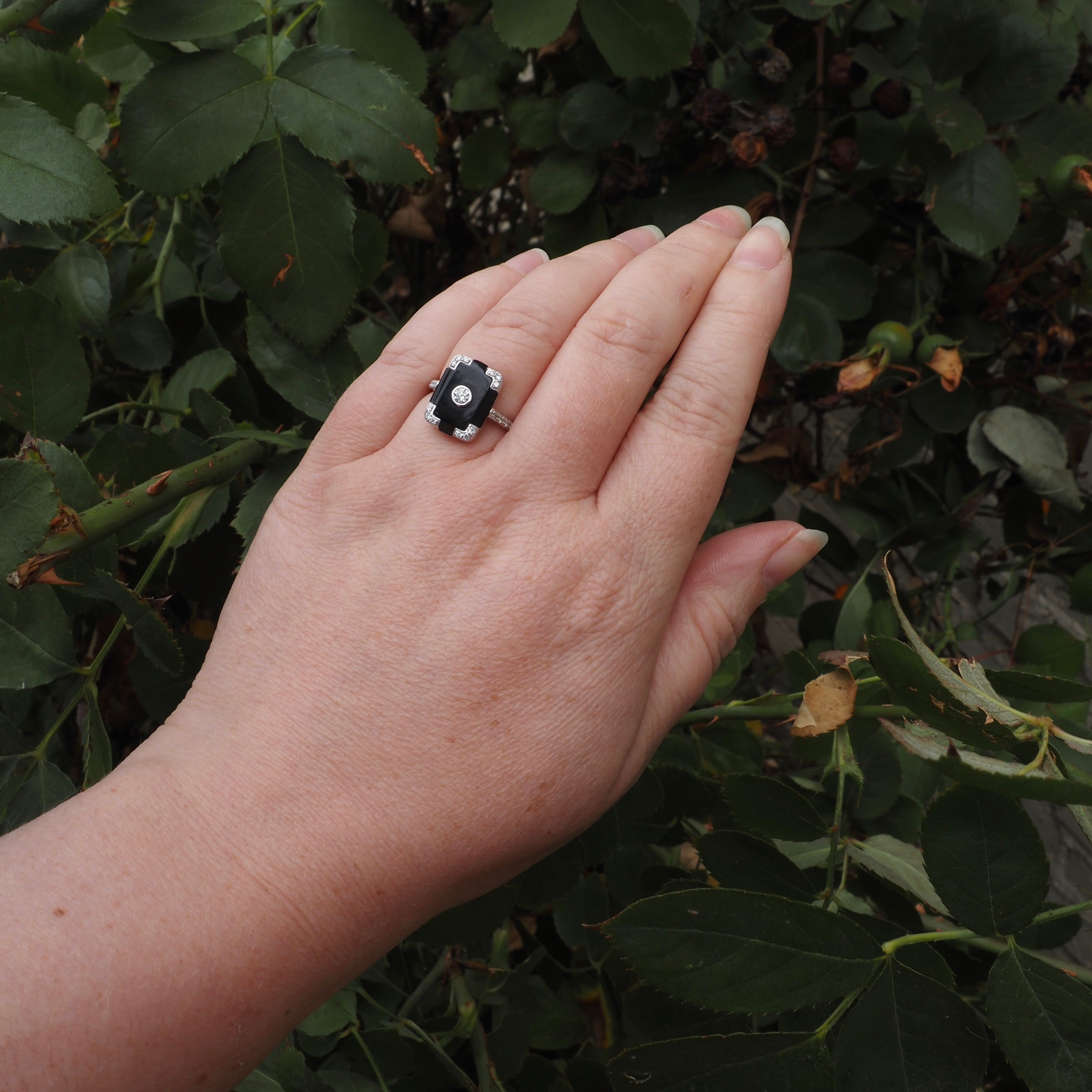 Vintage Art Deco Style Onyx and Diamond 14k White Gold Ring
