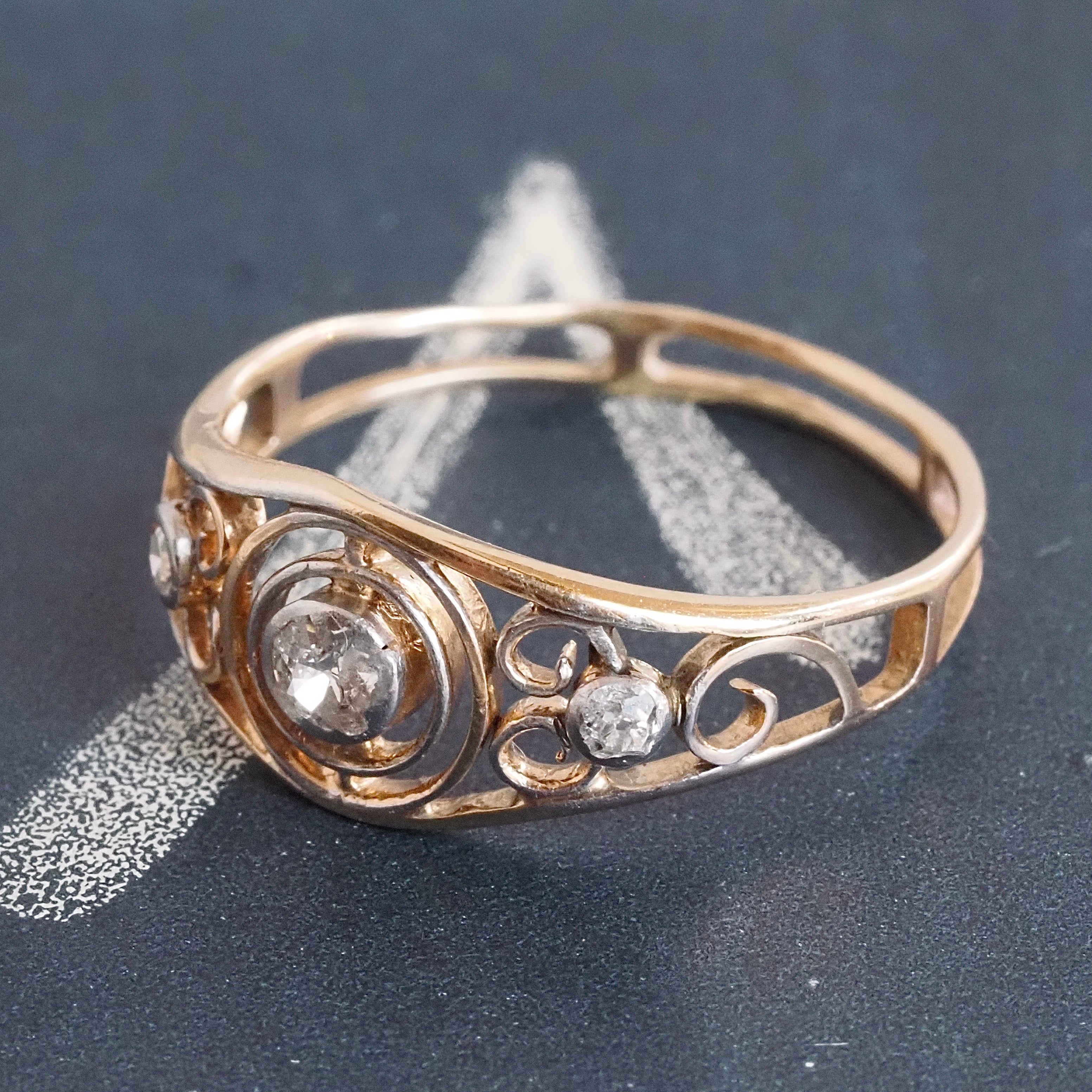 Antique Art Nouveau 14k Gold Diamond Scroll Ring