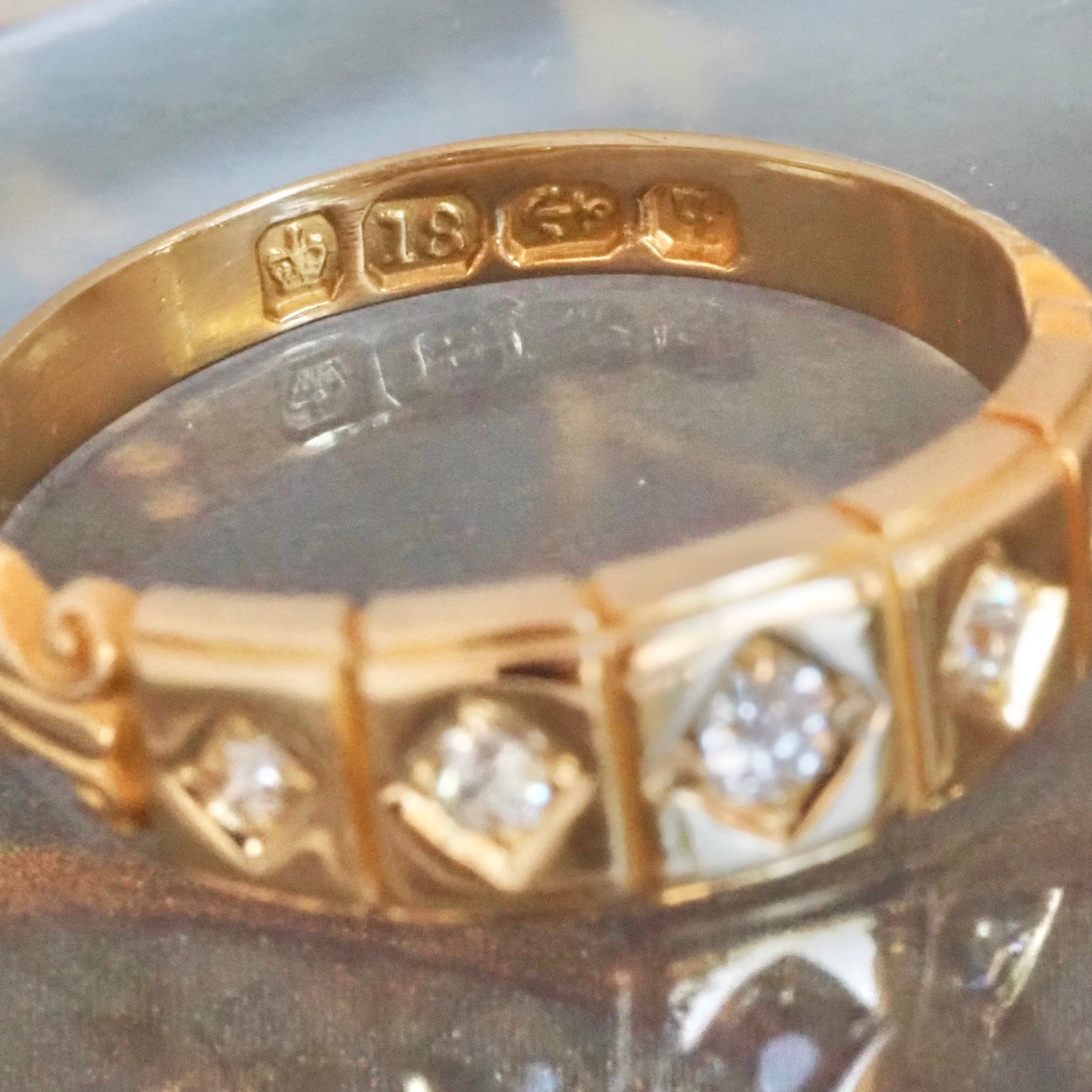 Antique c. 1890 English 18k Gold Flush Set Five Stone Diamond Ring