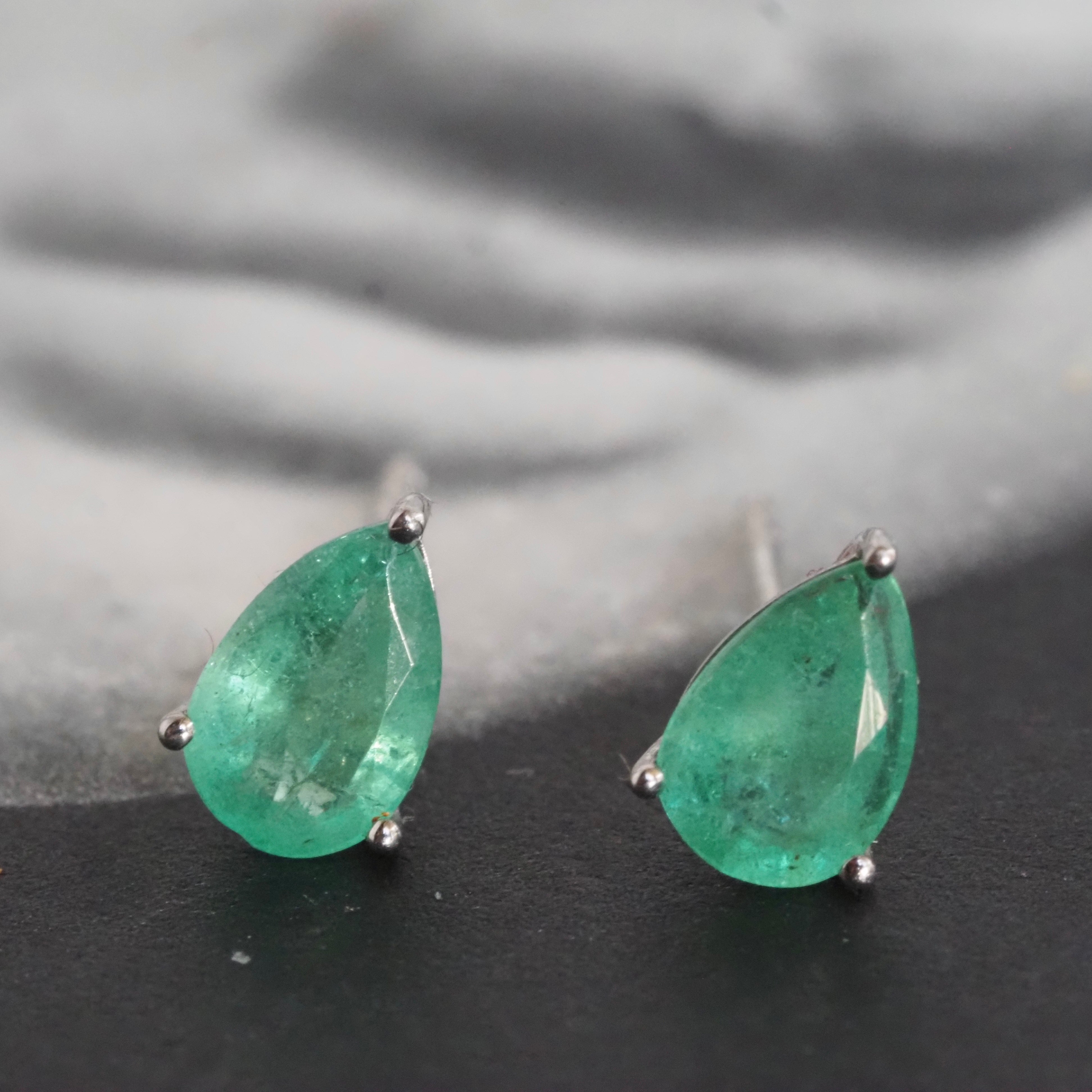 Pear Shaped Emerald Platinum Post Earrings