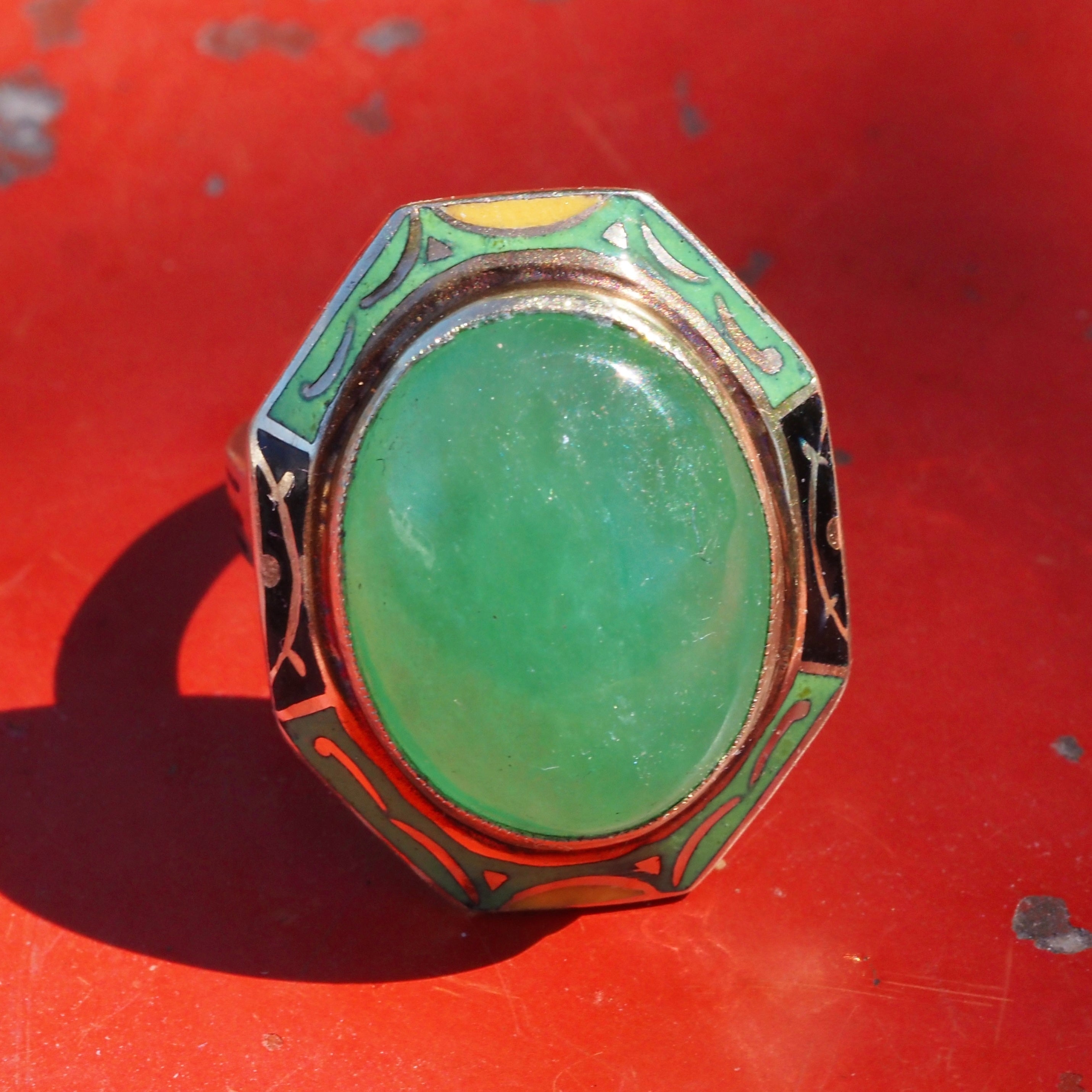 Antique Art Deco Jade and Enamel 14k Gold Ring