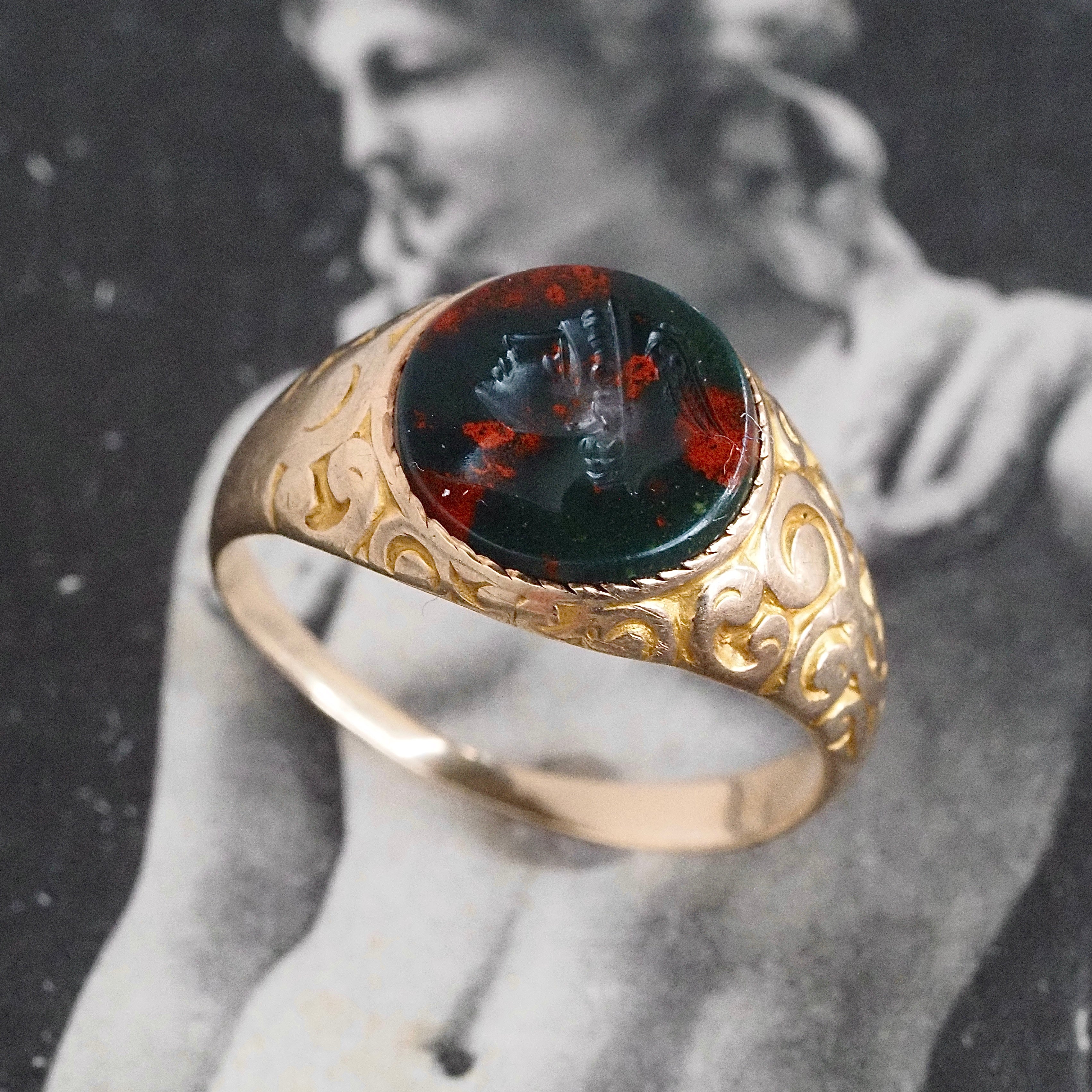 Antique Victorian Hermes/Mercury Intaglio Bloodstone 10k Gold Signet Ring