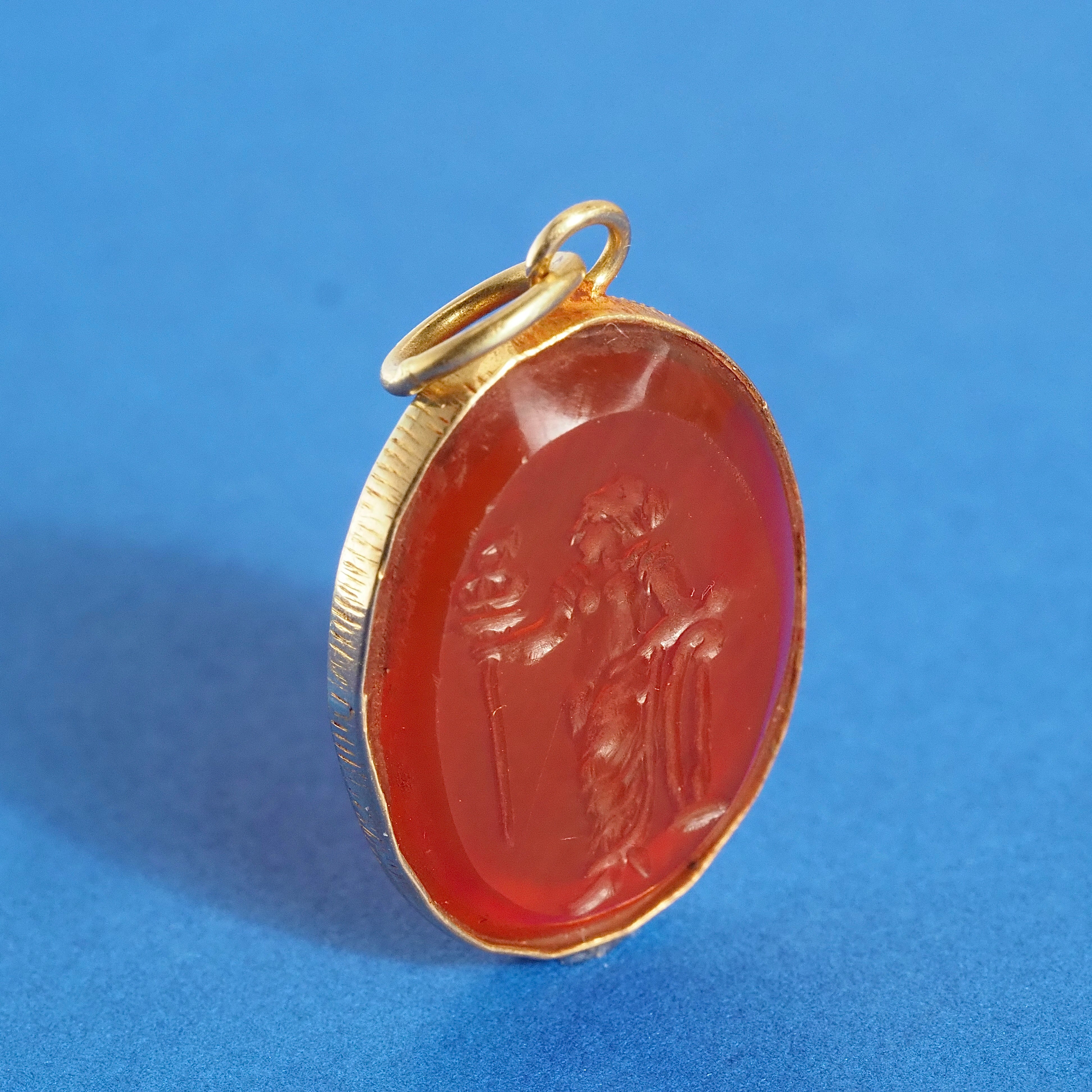 Antique Carnelian Figurative Intaglio 18k Gold Pendant