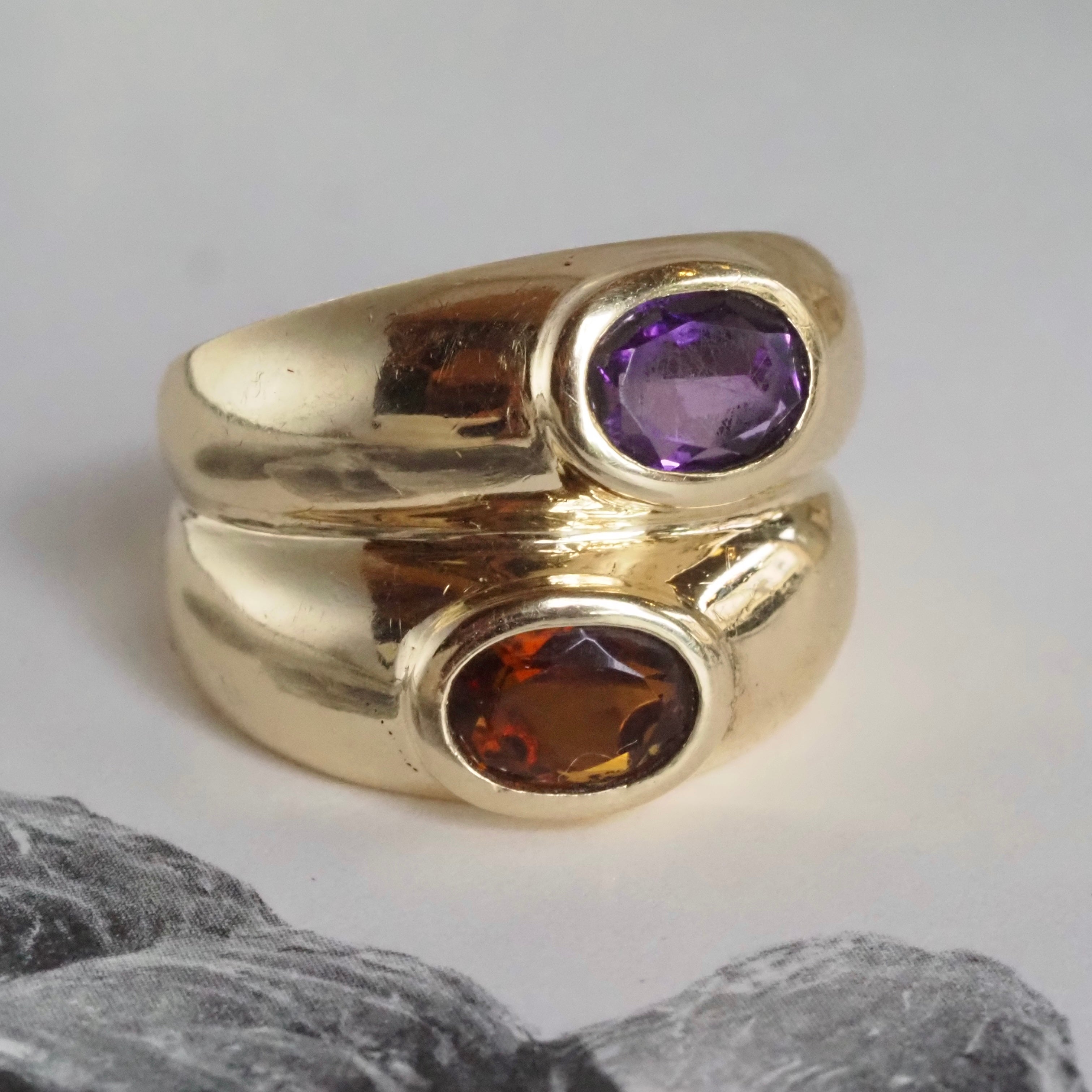 Vintage Citrine and Amethyst Double Dome Bezel Set 14k Gold Ring
