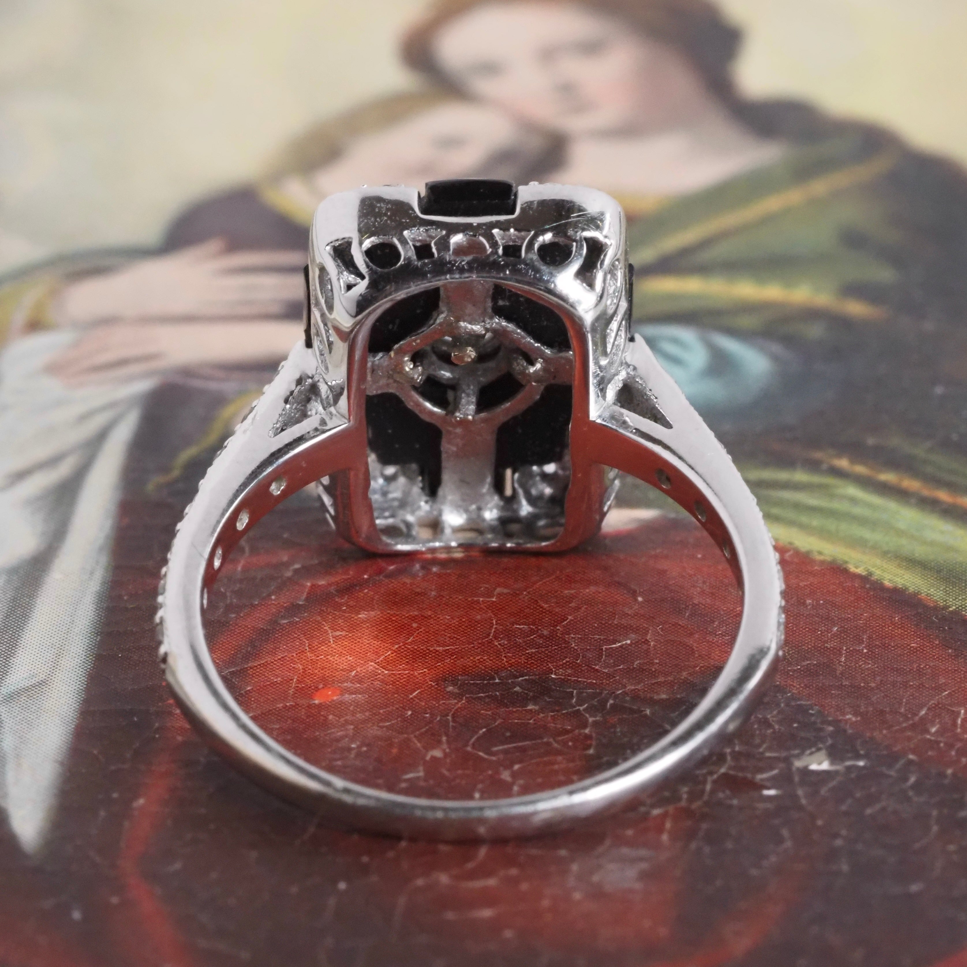 Vintage Art Deco Style Onyx and Diamond 14k White Gold Ring