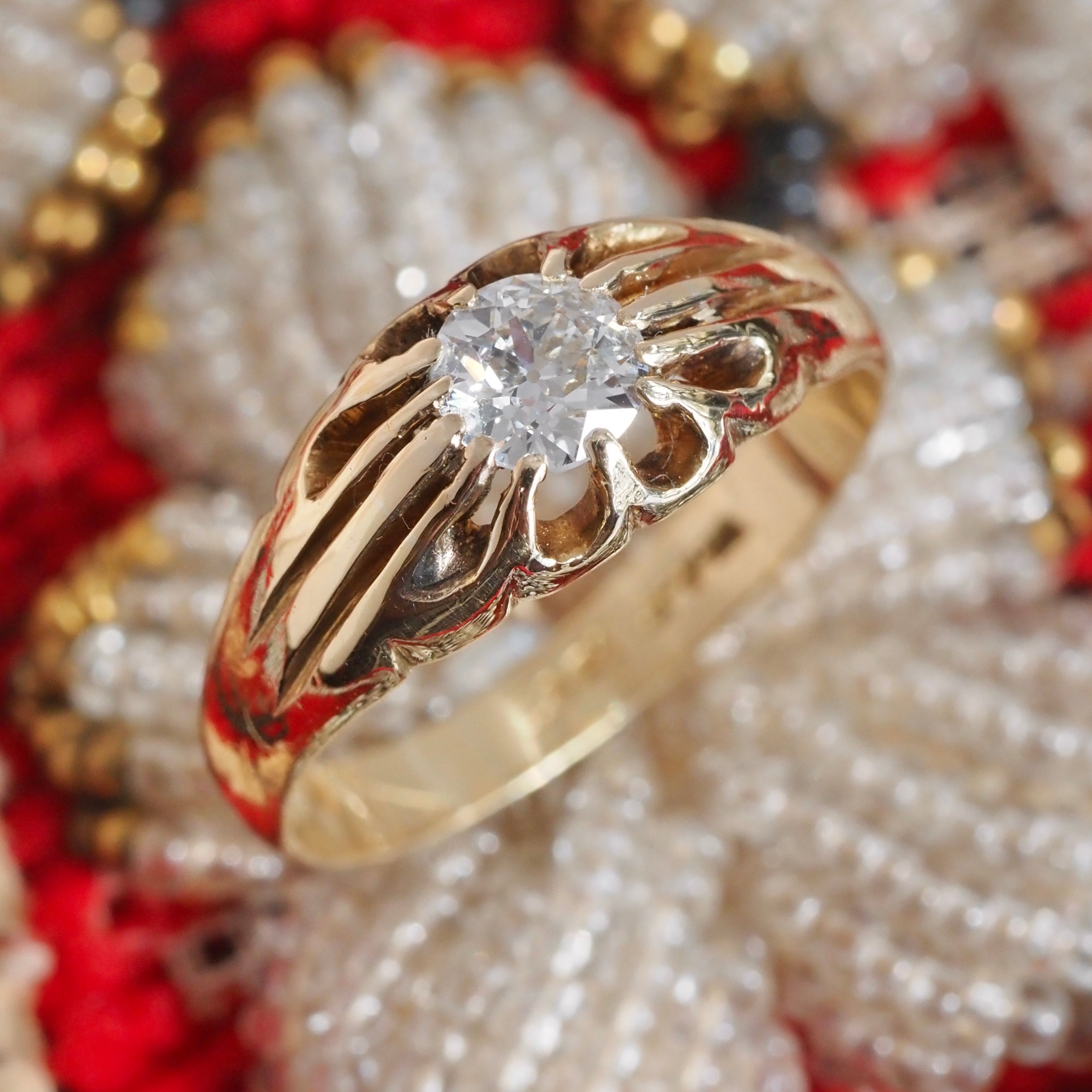 ON HOLD Antique English Old European Cut Diamond 18k Gold Belcher Set Engagement Ring