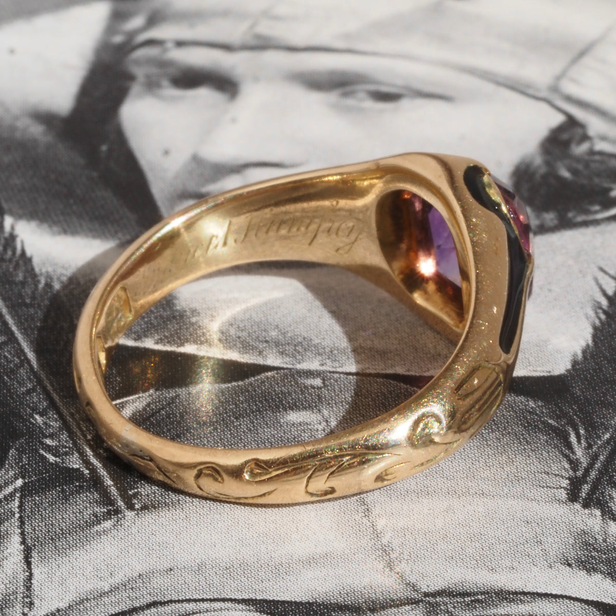 Antique c. 1844-45 Victorian English Amethyst and Black Enamel 14k Gold Ring