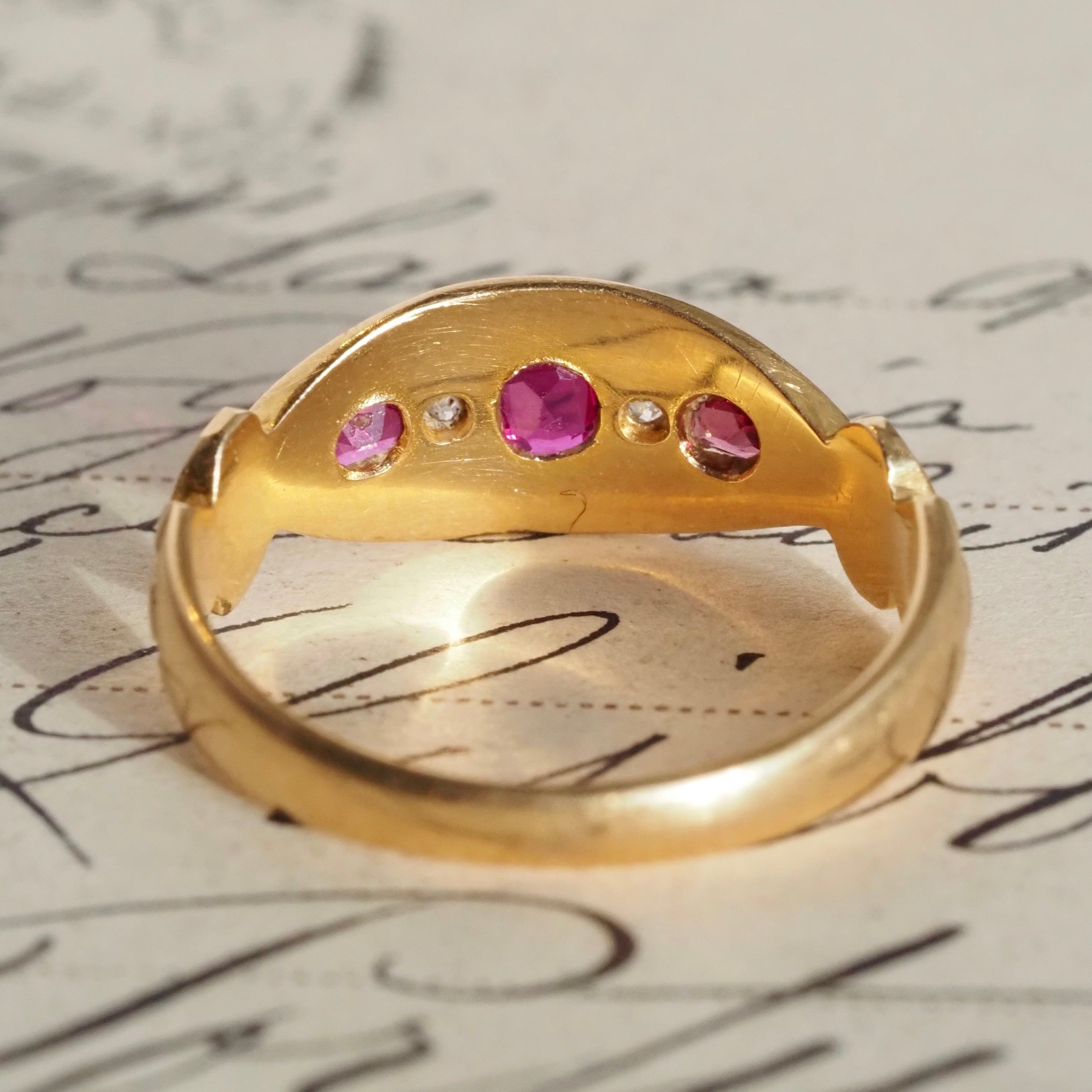 Antique c. 1906 English Ruby Garnet & Diamond 18k Gold Ring