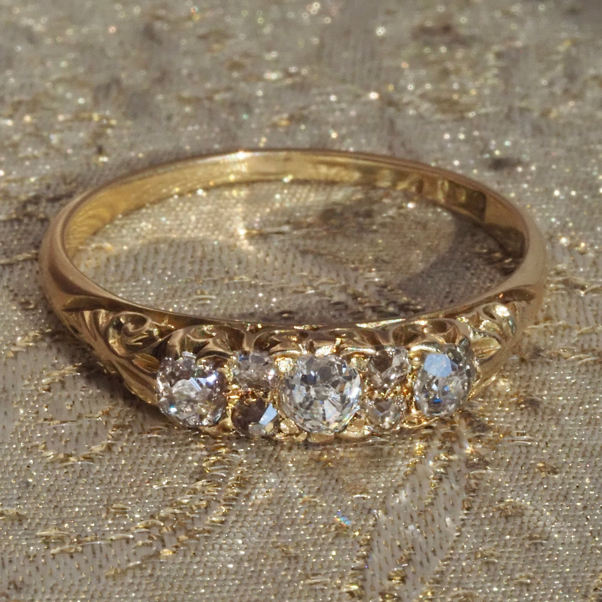 Antique Art Nouveau Old Mine Cut and Single Cut Diamond 18k Gold Half Hoop Ring