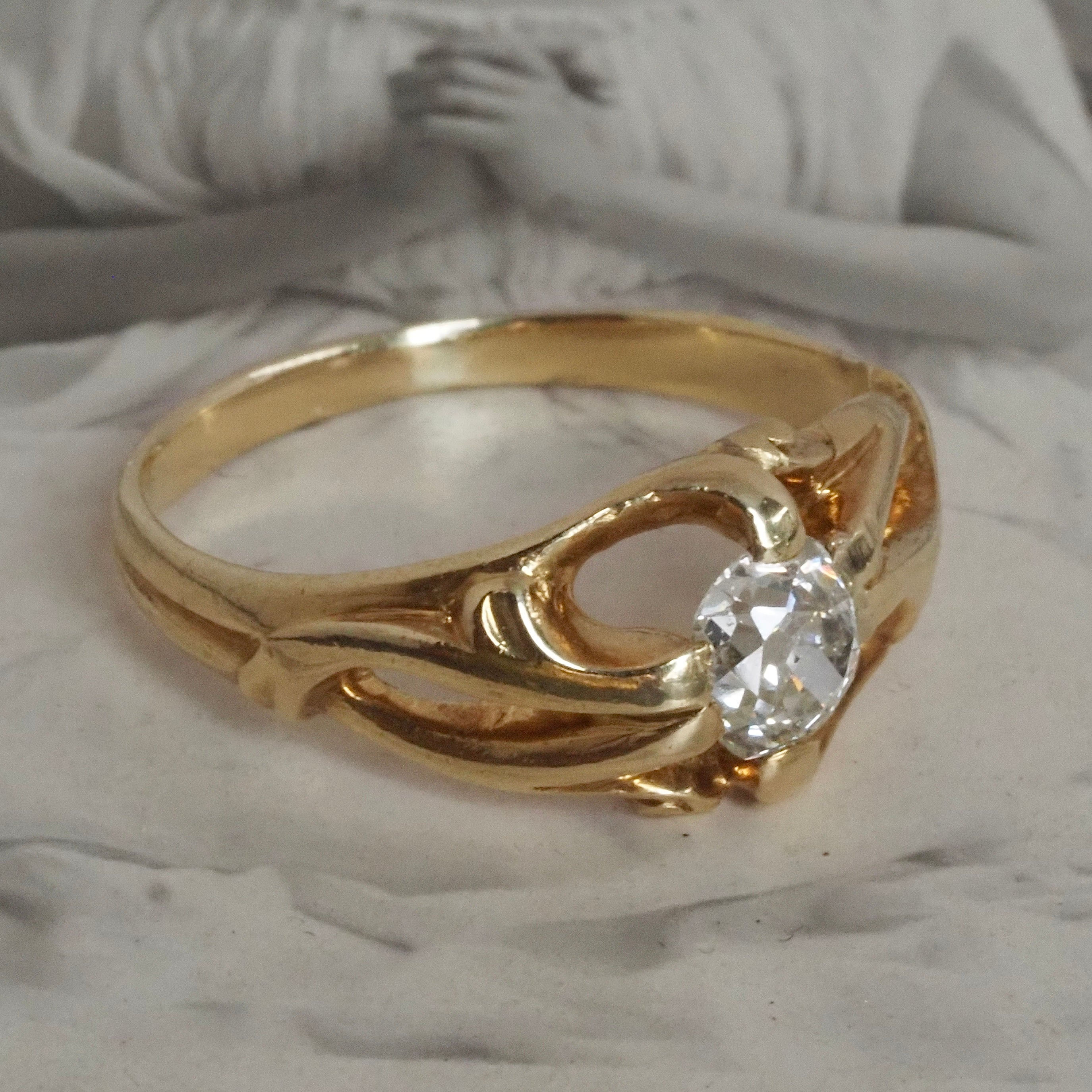 Antique French Art Nouveau Old Mine Cut Diamond 18k Gold Belcher Engagement Ring