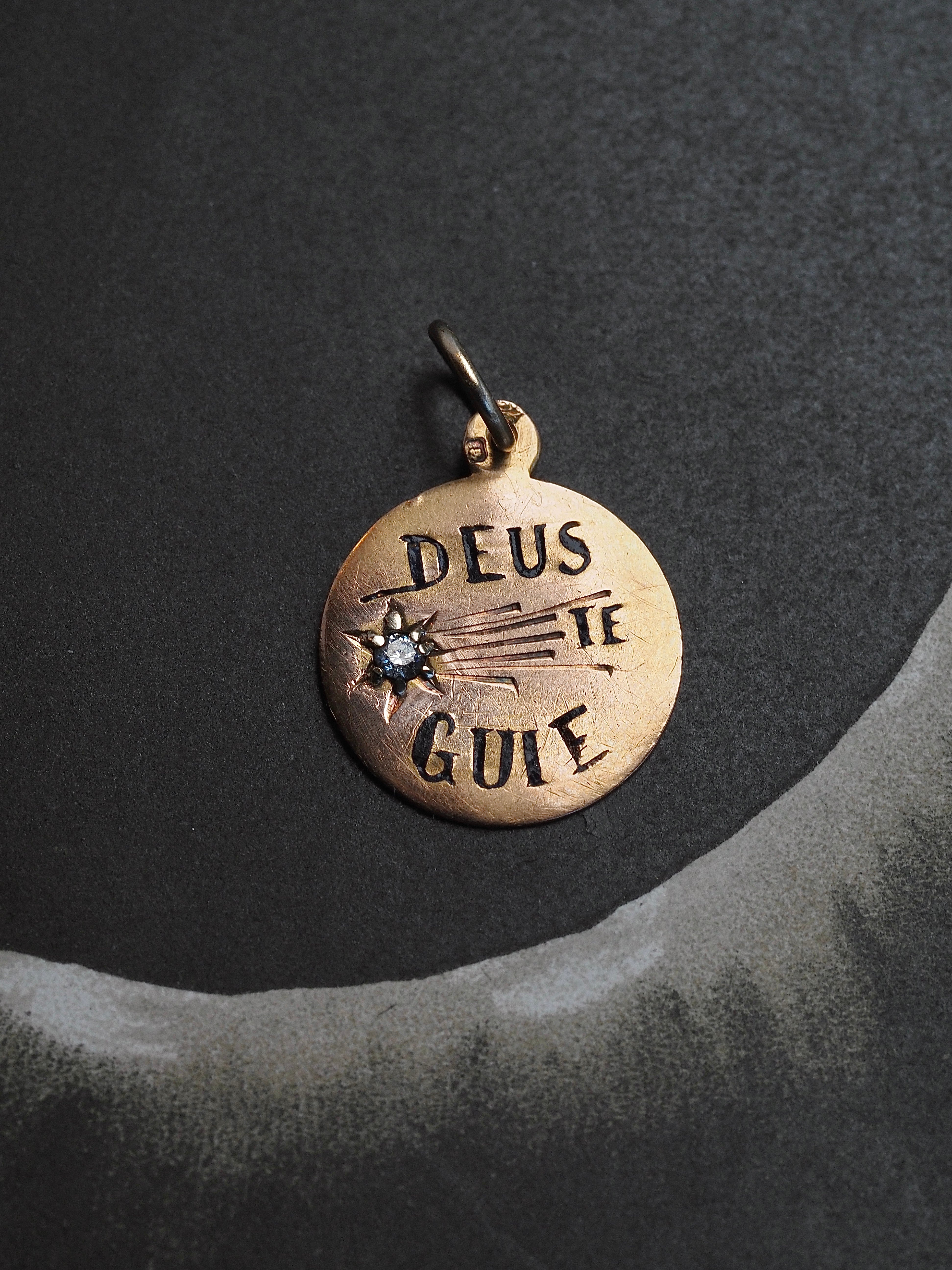 Antique Portuguese God Guide You 19k Gold & Diamond Charm