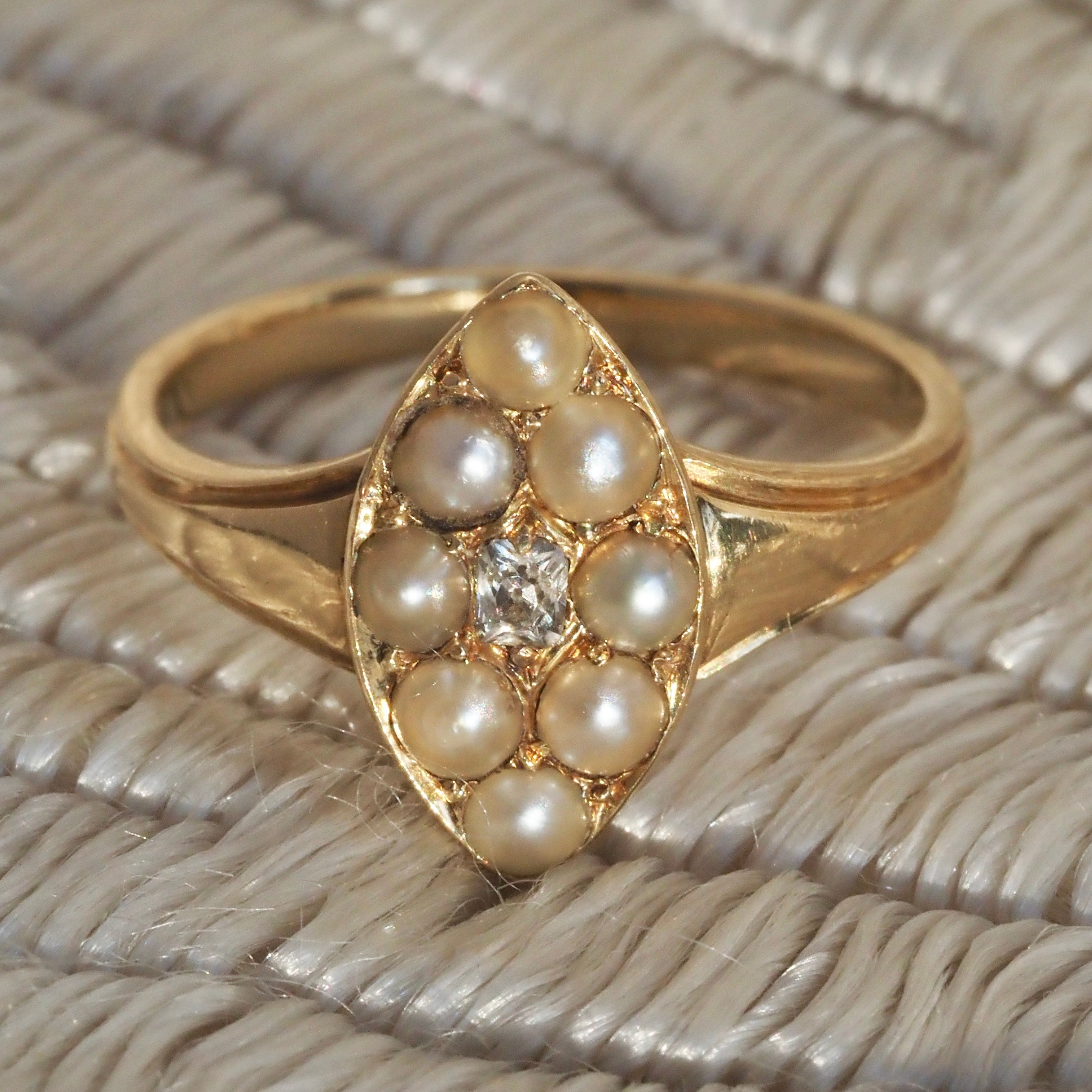 Antique Early Victorian Peruzzi Diamond Natural Seed Pearl 18k Gold Navette Ring