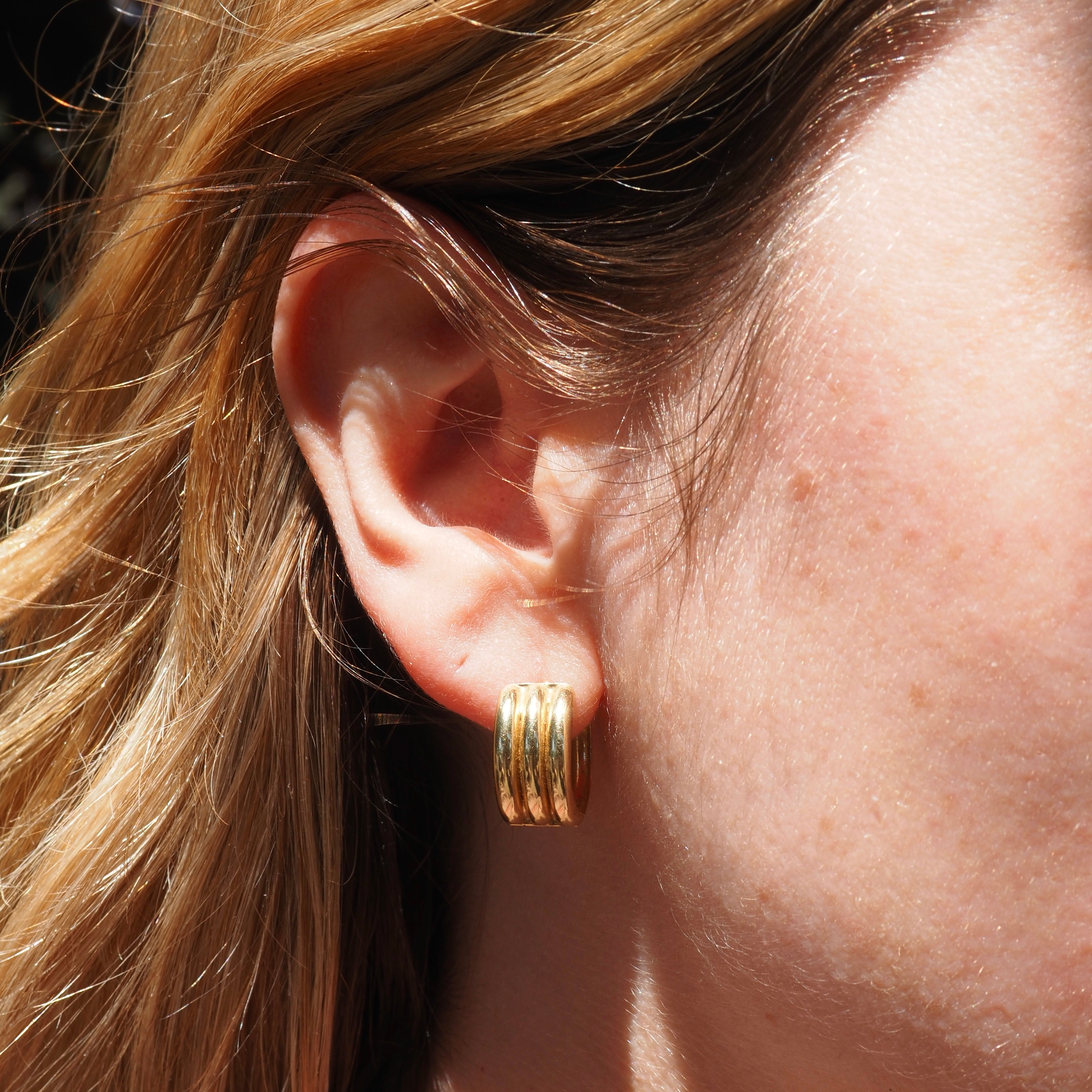 Vintage Triple Ridge Hinged Huggie 14k Gold Hoops