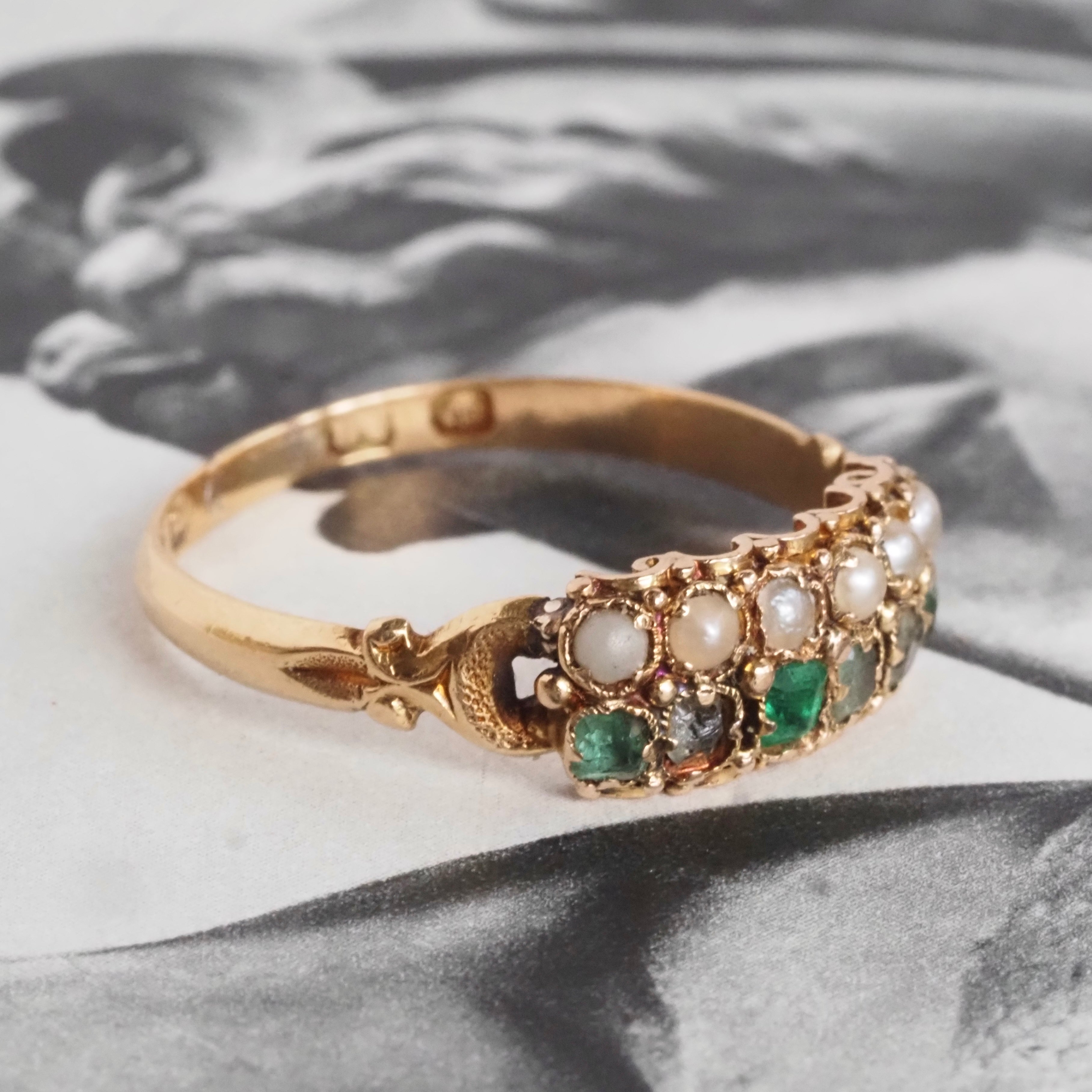 Antique English Victorian Emerald and Paste Seed Pearl 18k Gold Ring