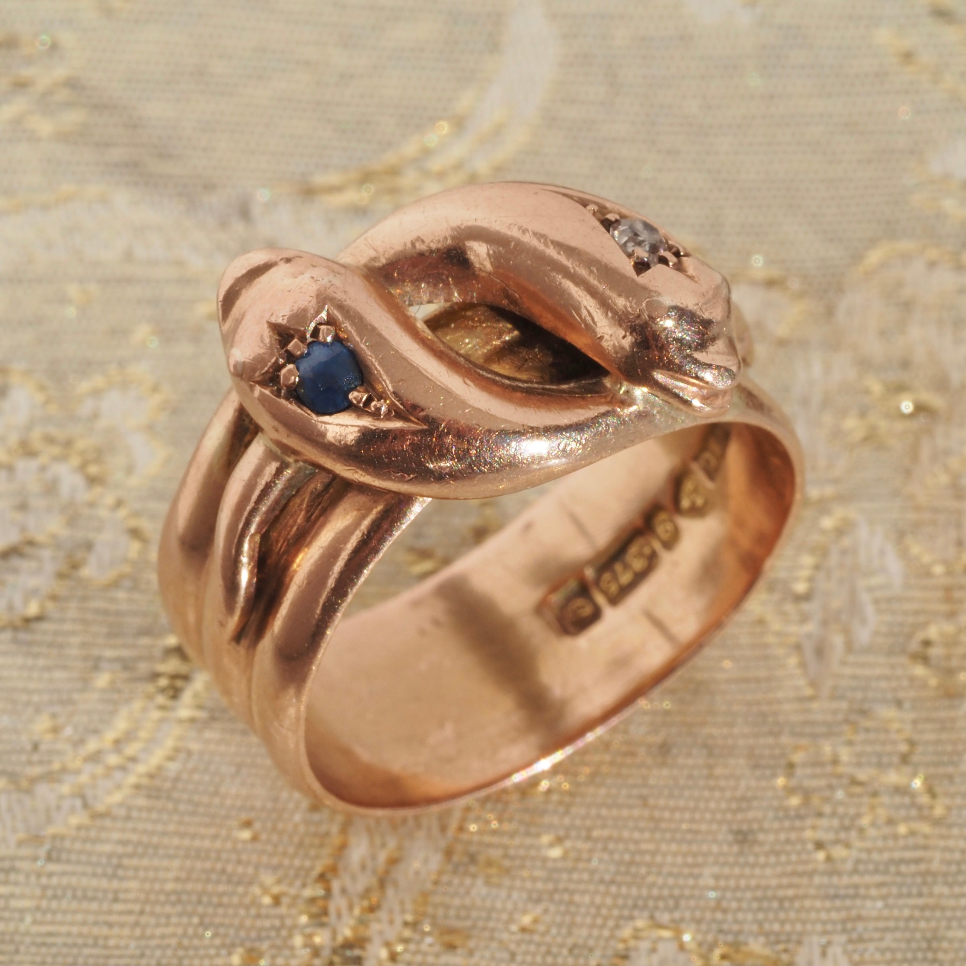 Antique c. 1904 English Old Mine Cut Diamond and Sapphire Double Snake 9k Rose Gold Ring