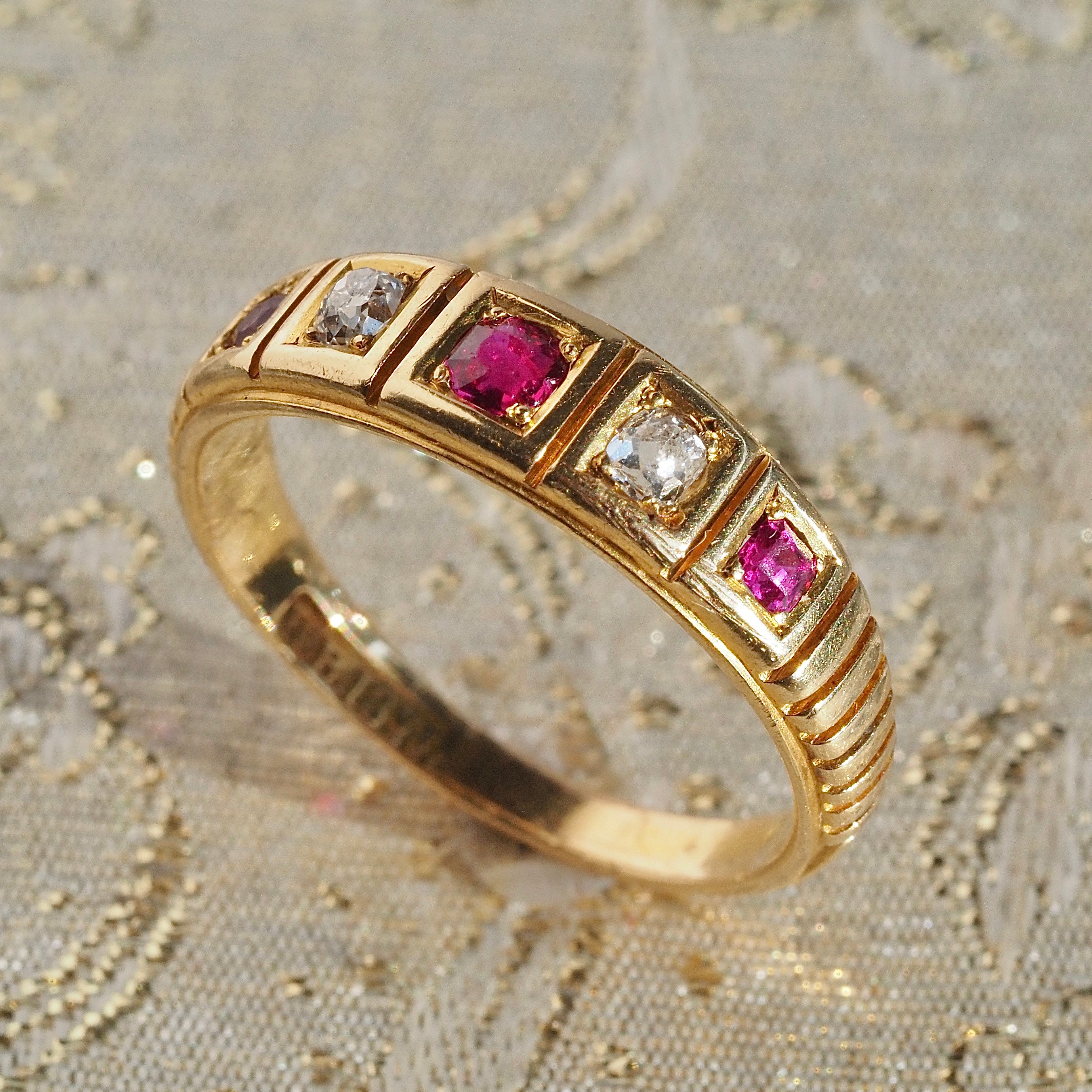 Antique Old Mine Cut Diamond and Ruby 18k Gold Five Stone Ring