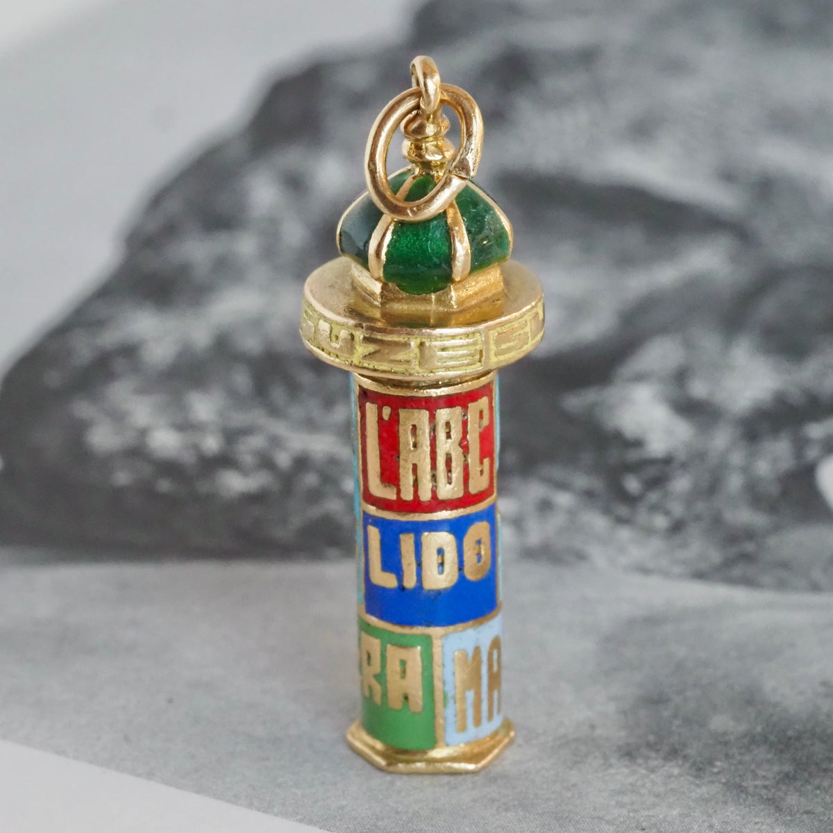 Vintage French Kiosque with Enamel Theater Posters 18k Gold Collectable Pendant