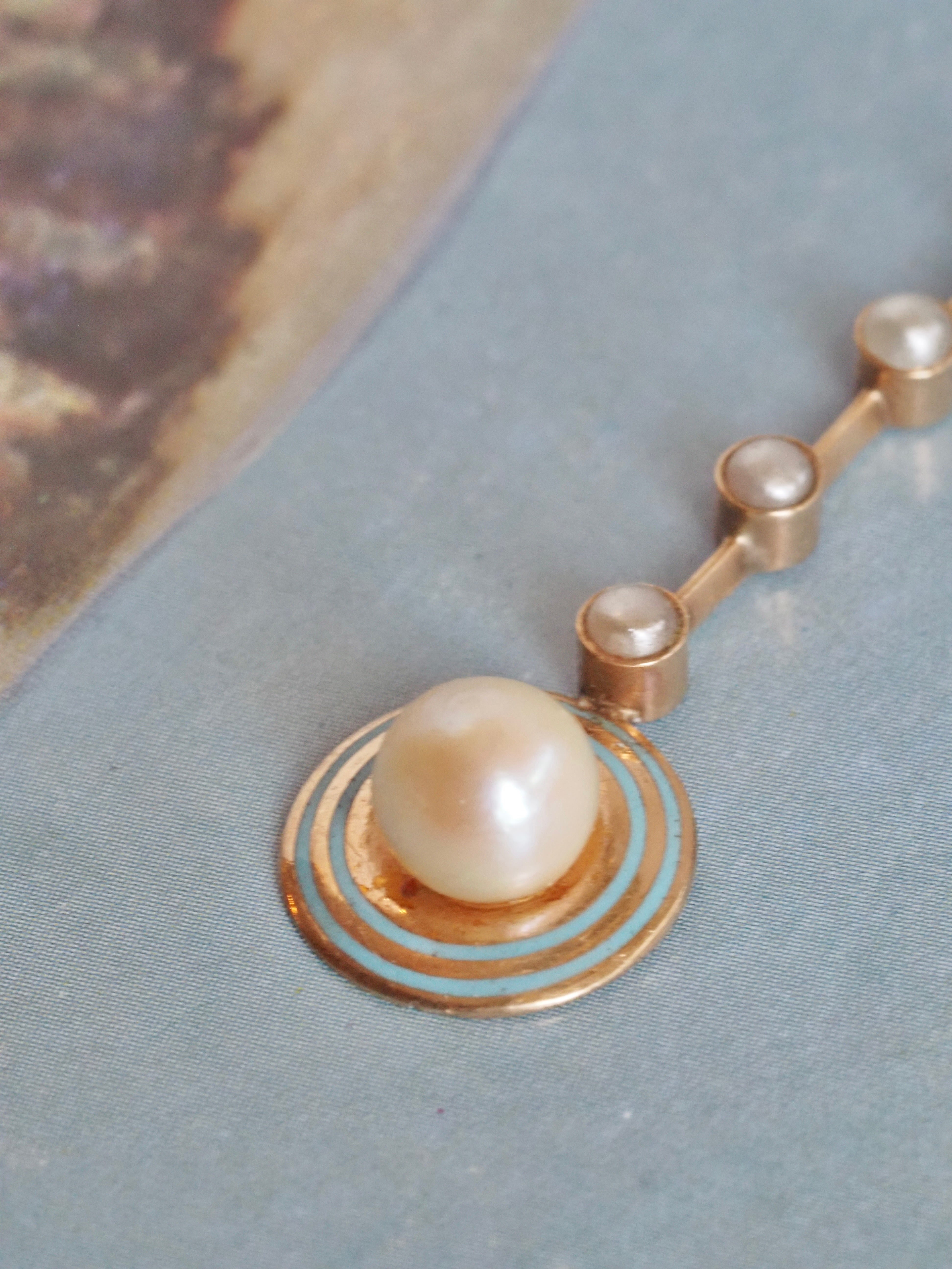 Antique 14k Gold Enamel & Pearl Pendant