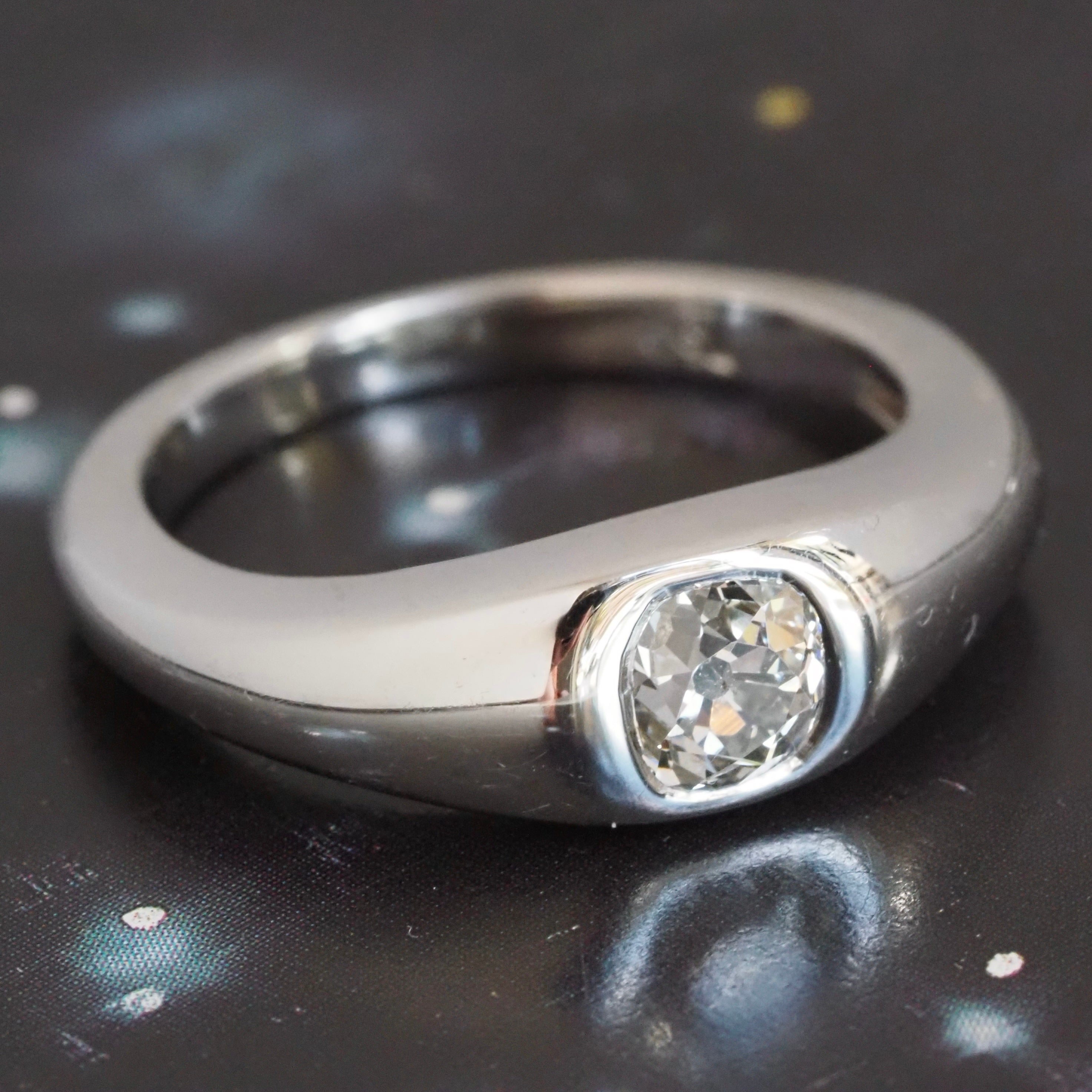 Vintage Old Mine Cushion Cut Diamond Flush Set 18k White Gold Engagement Ring