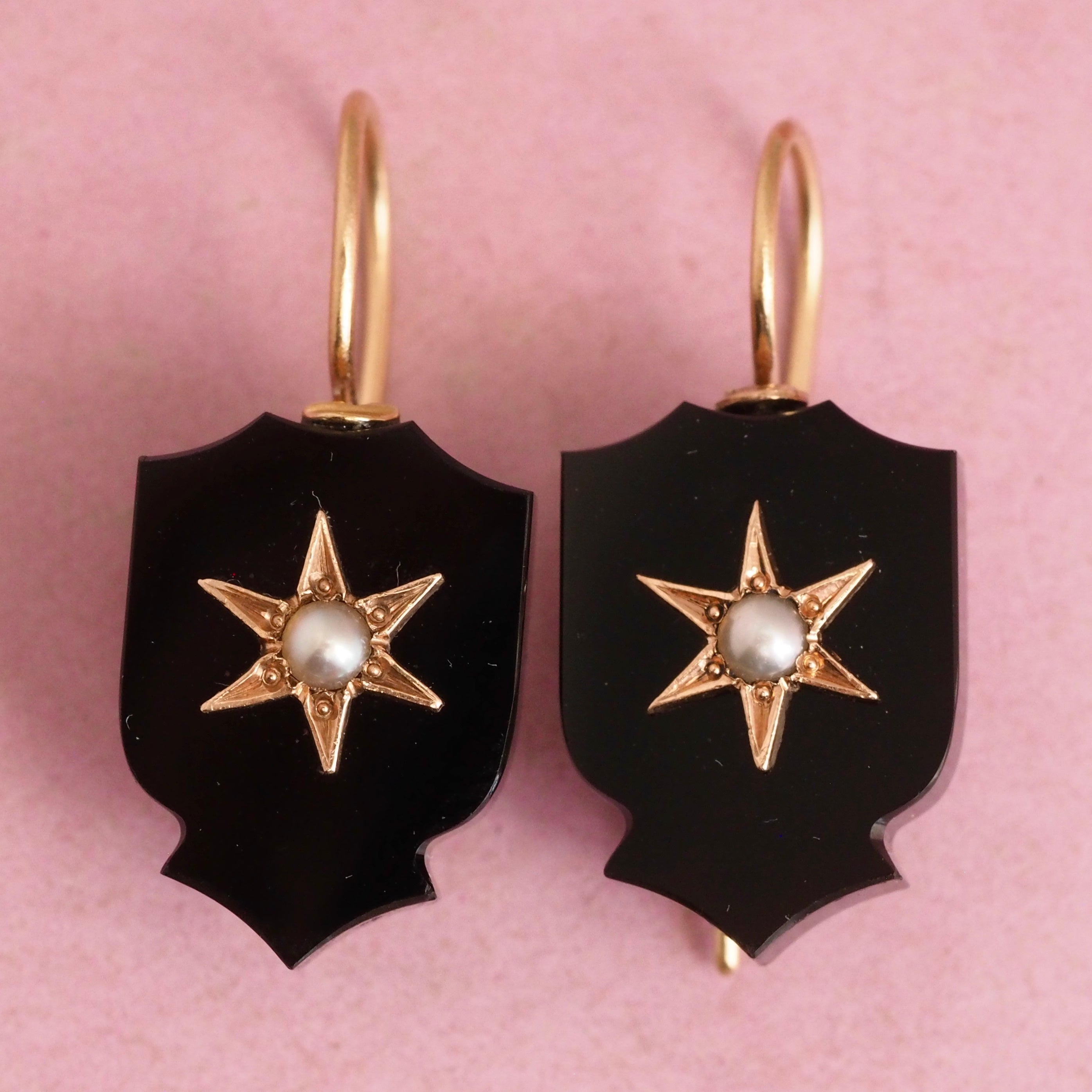 Antique Victorian 14k Gold Onyx and Seed Pearl Starburst Shield Earrings