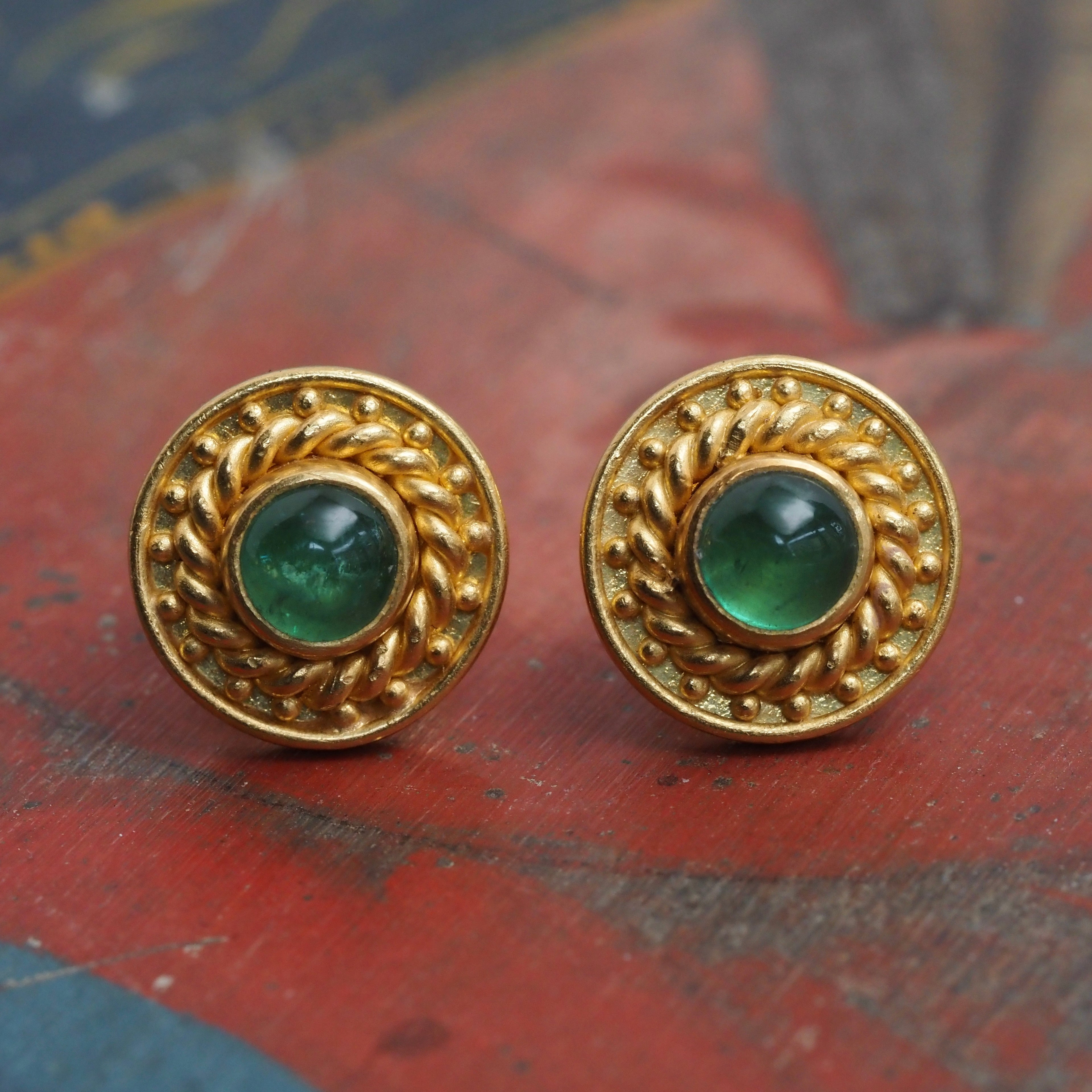 Artisan Etruscan Revival 22k Gold Cabochon Emerald Disc Earrings