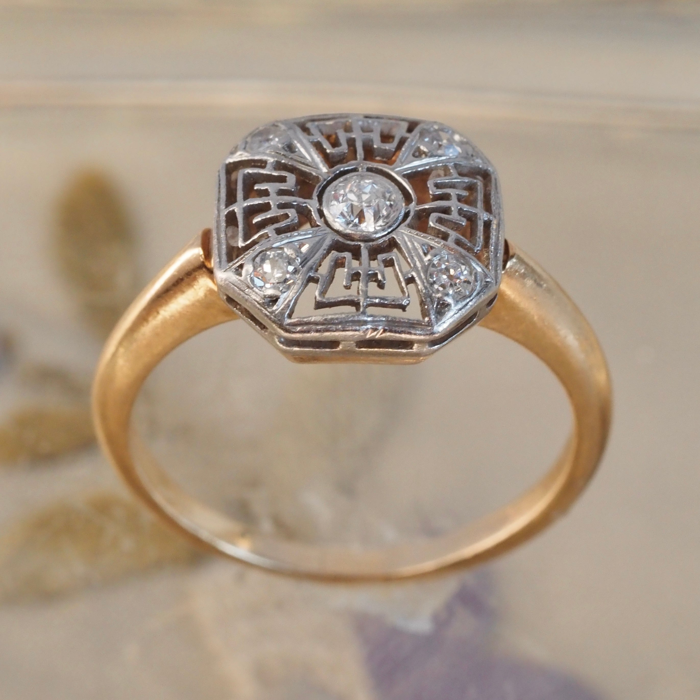 Art Deco Shield Diamond Platinum & 14k Gold Ring