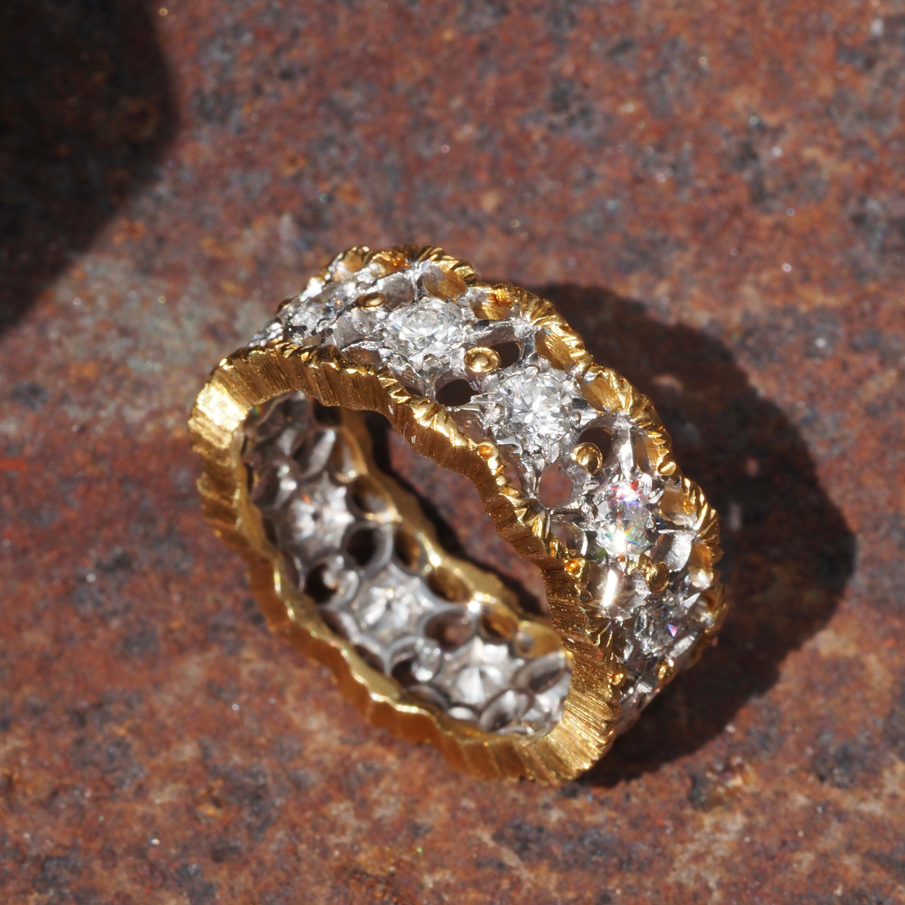 Vintage Italian 18k White and Yellow Gold Diamond Rigato Lace Eternity Ring