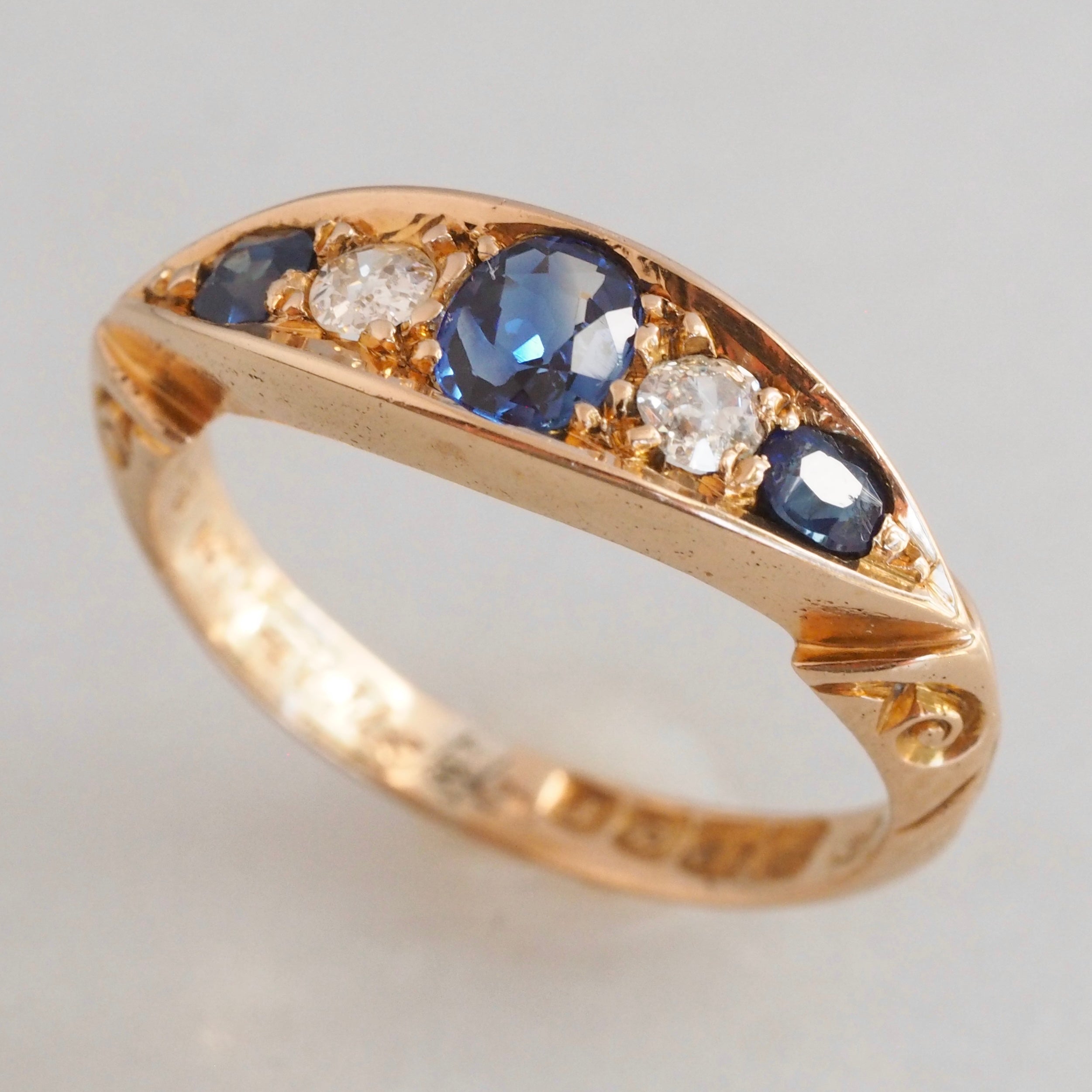 Antique Edwardian 18k Gold Sapphire and Old Mine Cut Diamond Five Stone Boat Ring