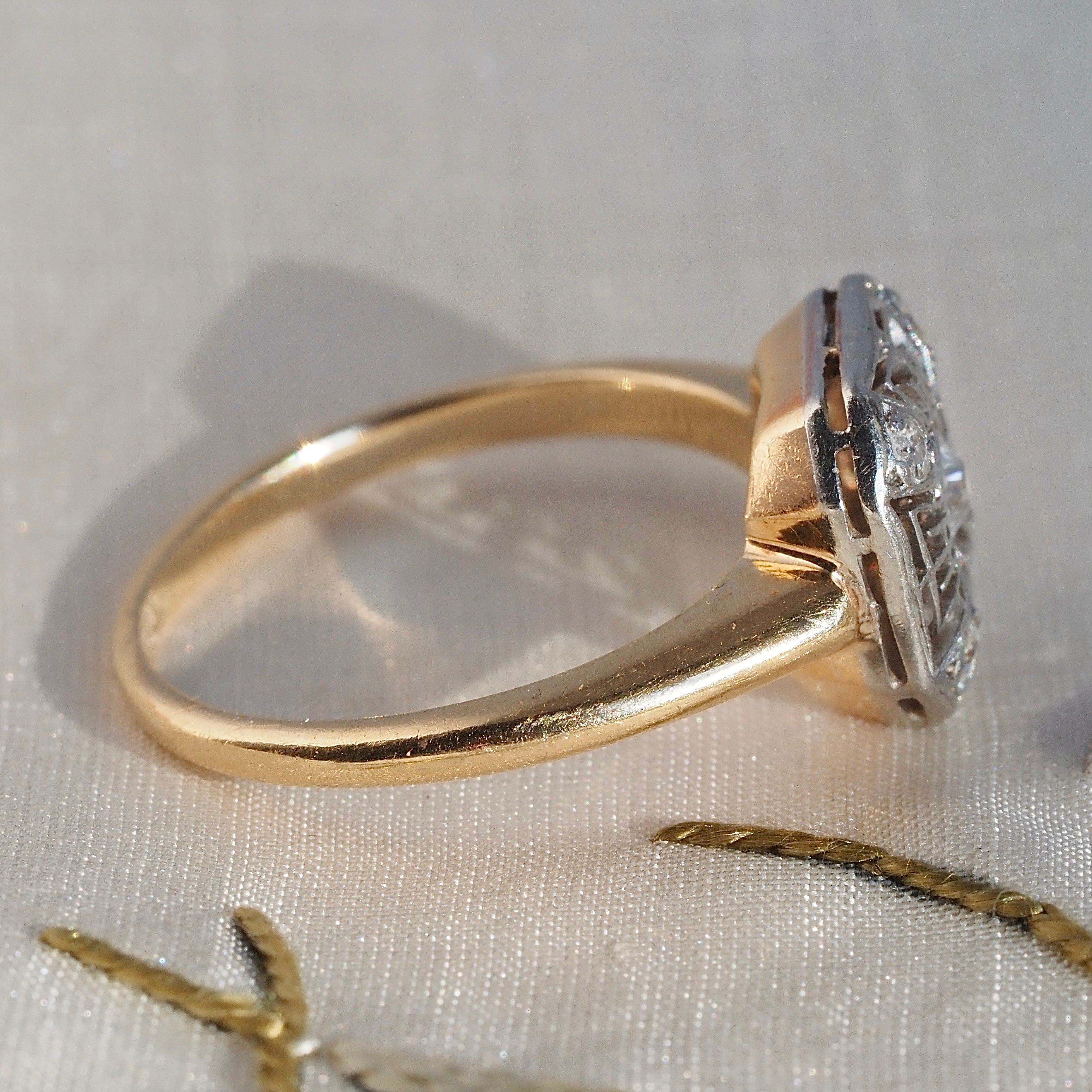 Art Deco Shield Diamond Platinum & 14k Gold Ring