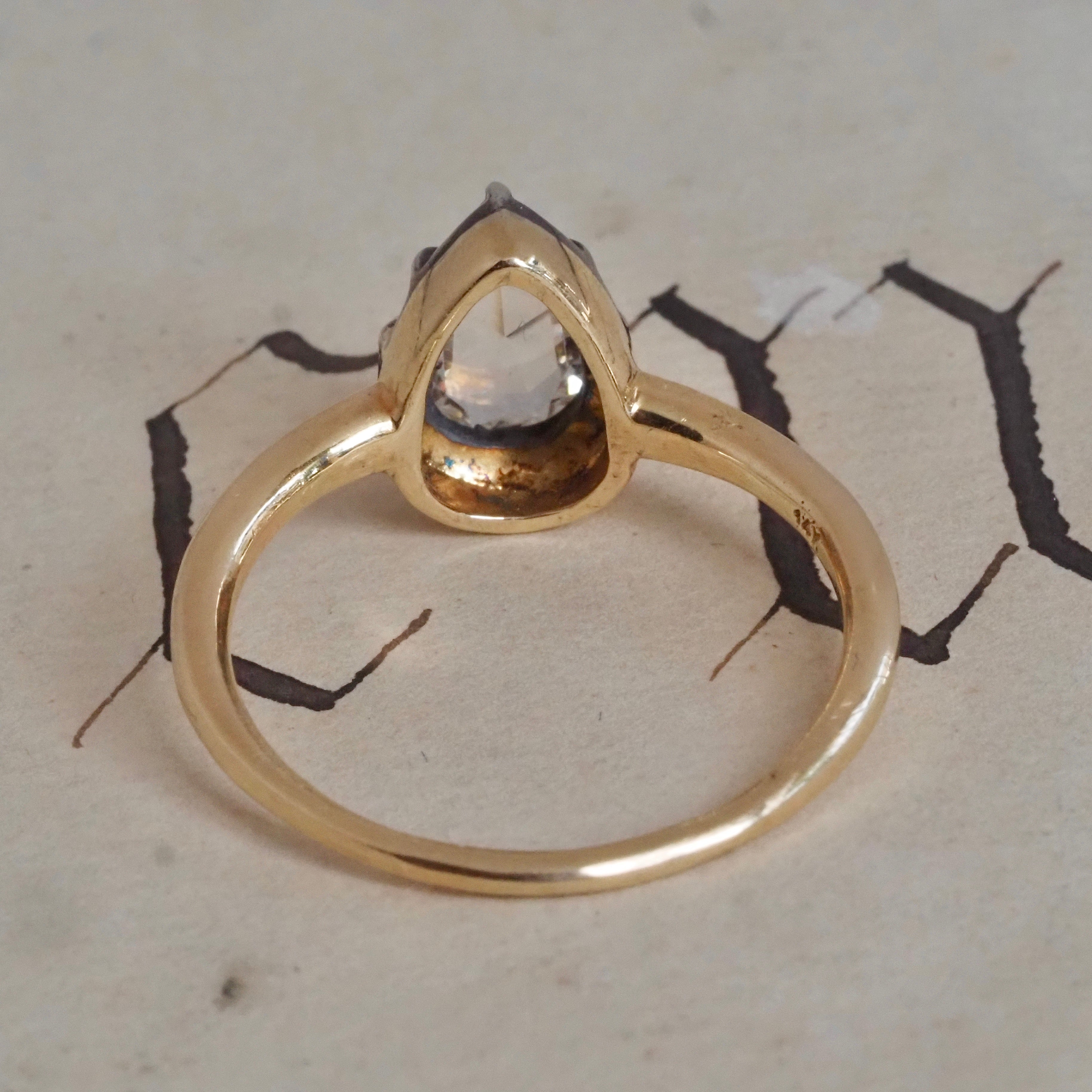 Georgian Style Pear Rose Cut Diamond 14k Gold and Sterling Silver Solitaire Engagement Ring