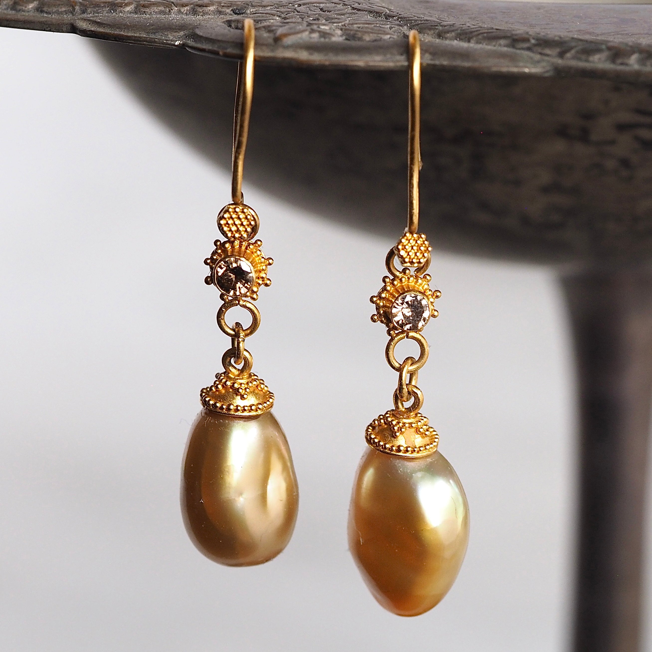 Vintage 21k Gold Baroque Pearl and Brown Diamond Earrings