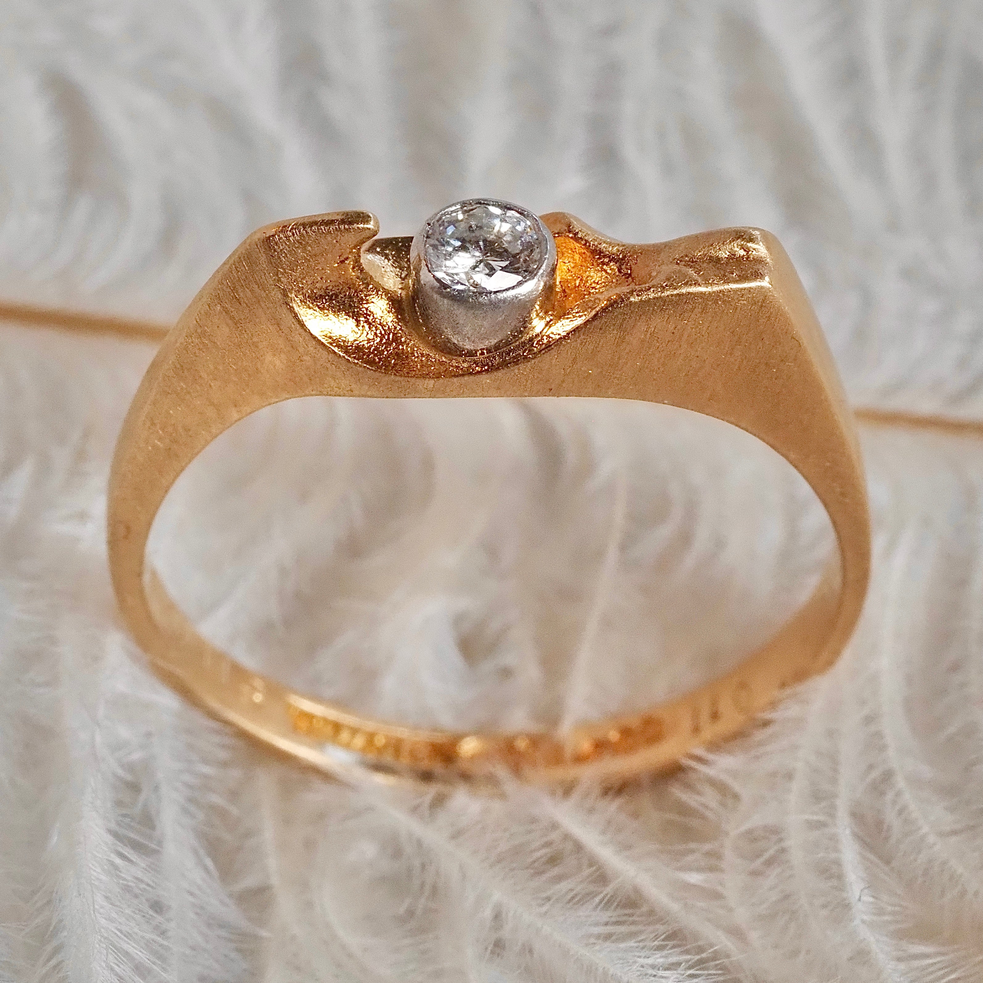 Vintage Finnish 18k Gold Bezel Set Diamond Ring by Björn Weckström for Lapponia