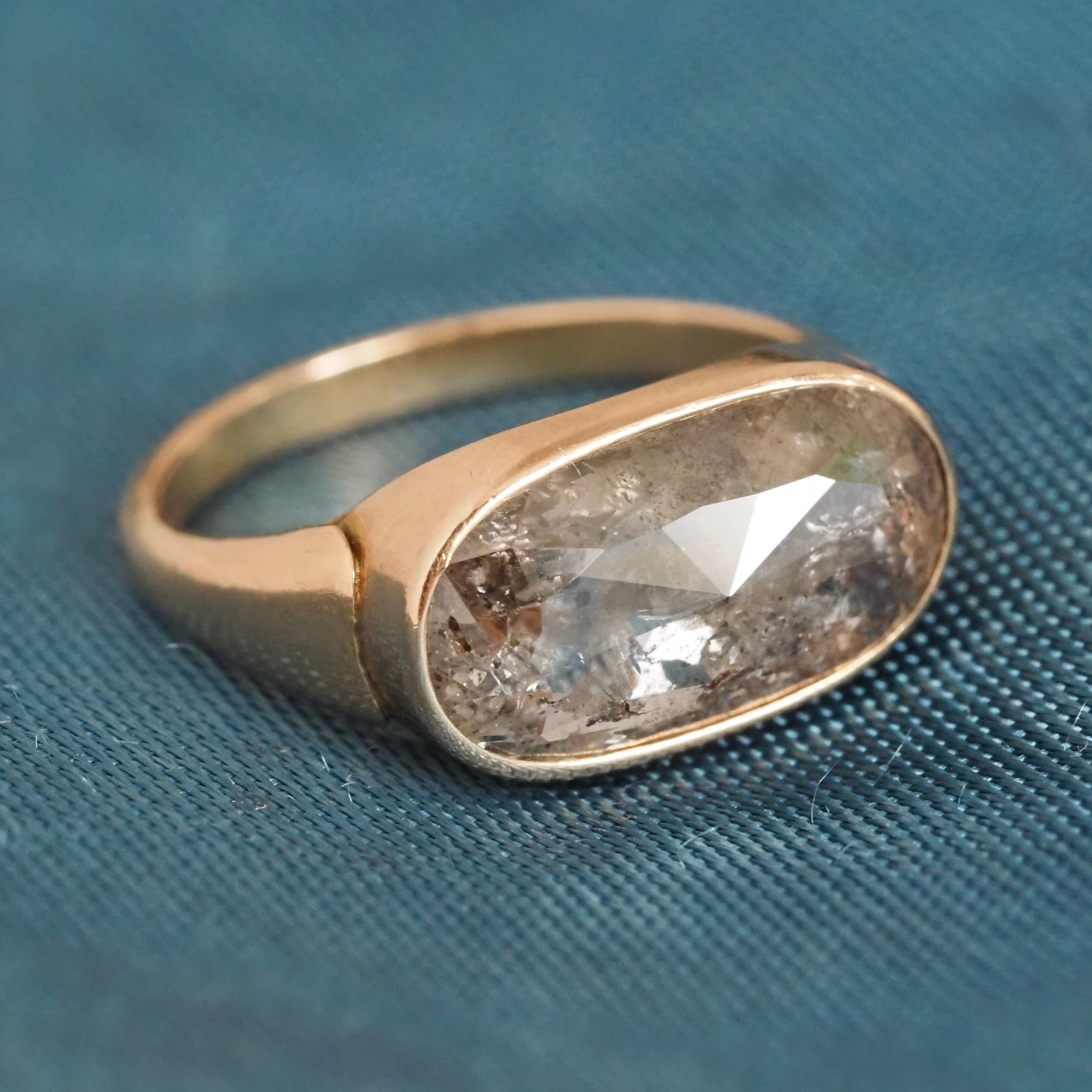 East West Salt and Pepper Rose Cut Diamond Solitaire 14k Gold Engagement Ring