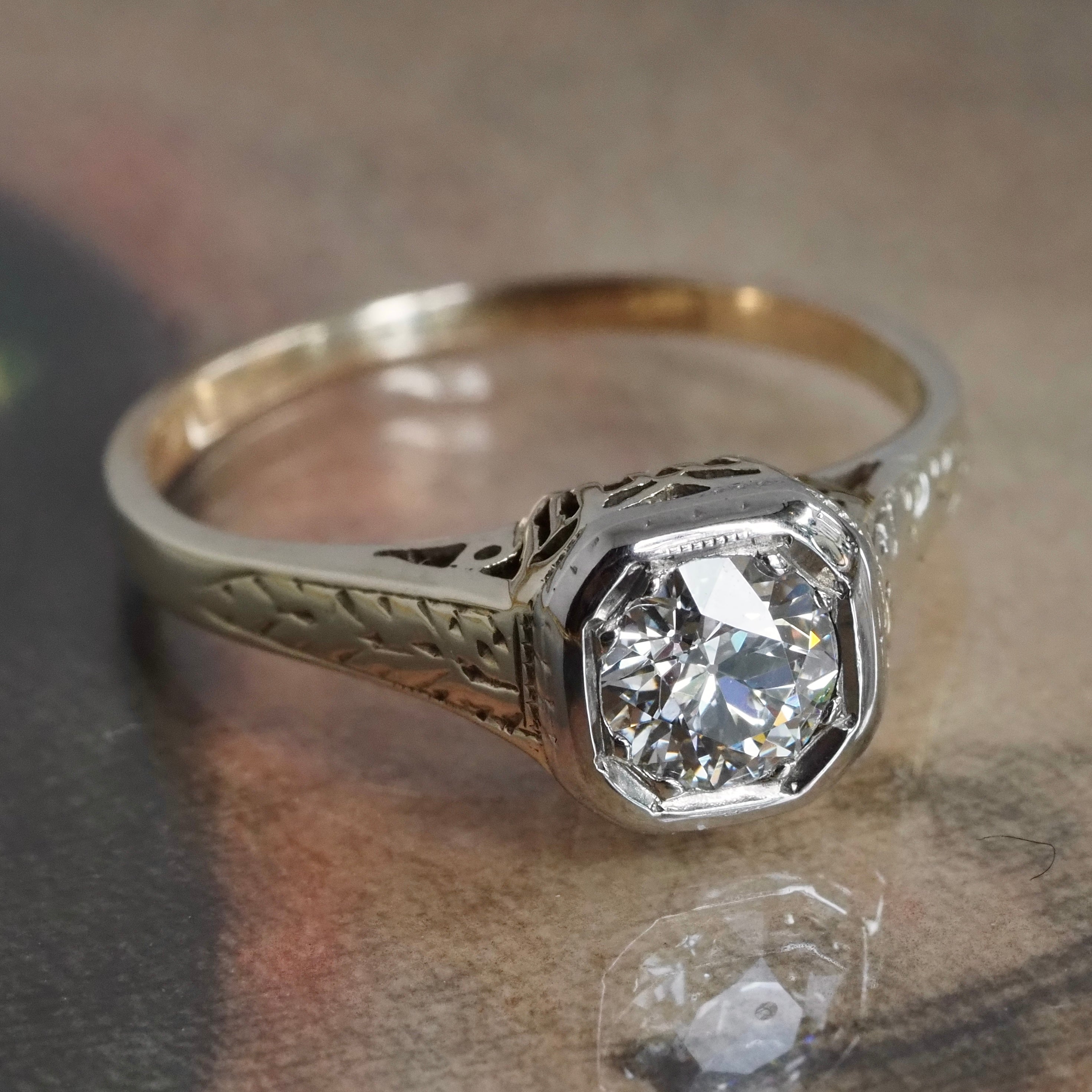 Antique Art Deco Old European Cut Diamond 14k Gold Engagement Ring
