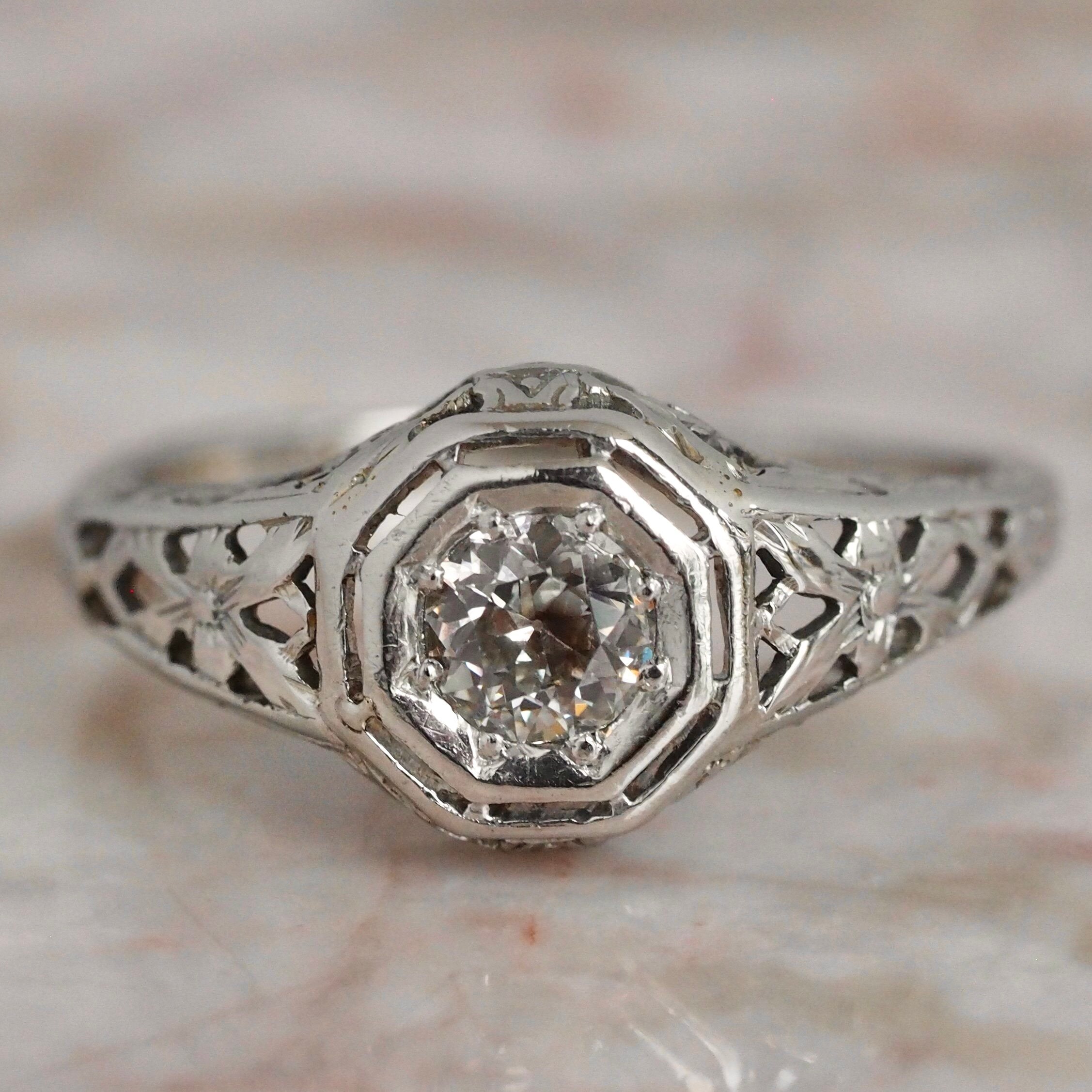Art Deco 18k White Gold Old European Cut Diamond Solitaire Ring