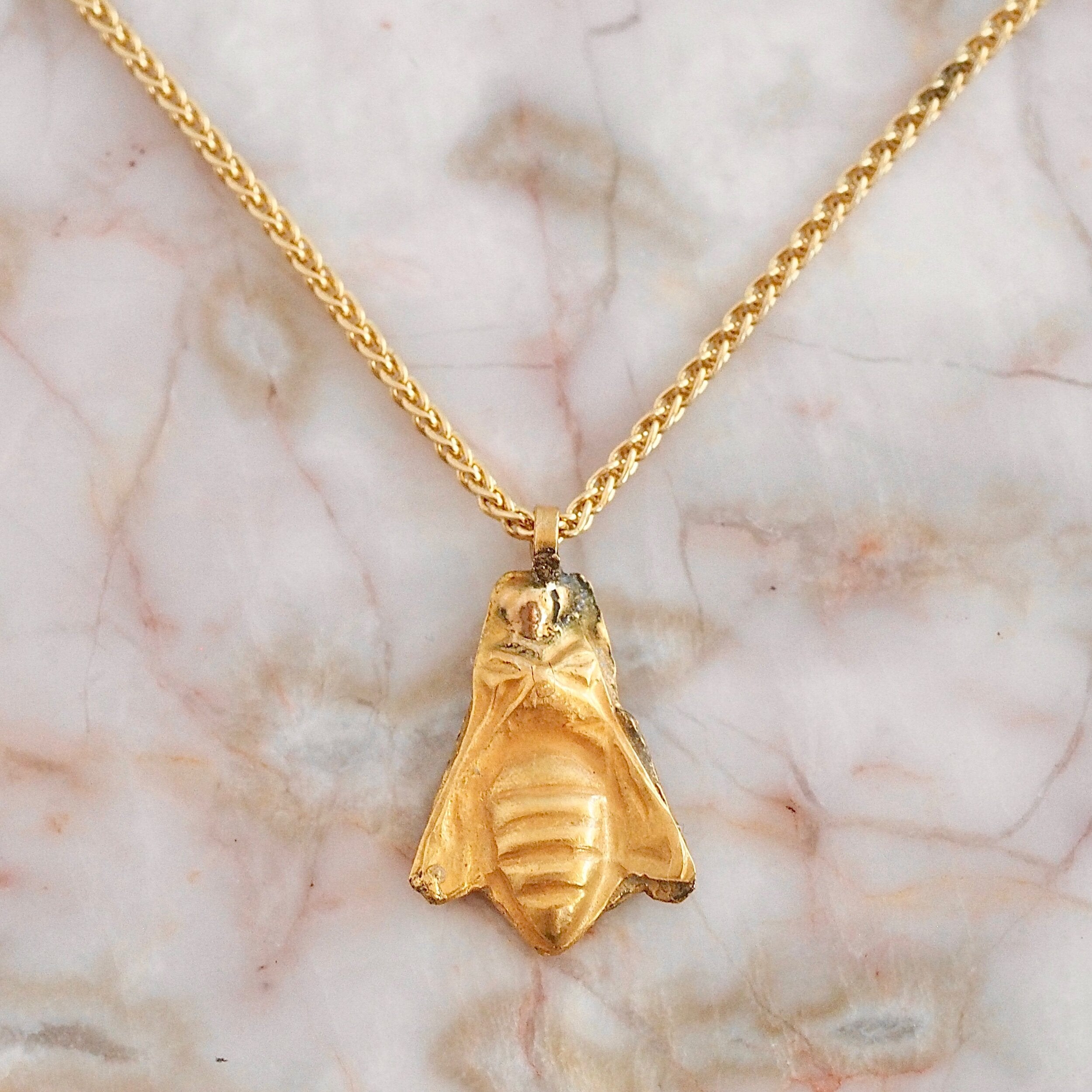 Ancient 18k Gold Bee on 10k Gold Wheat Chain Necklace