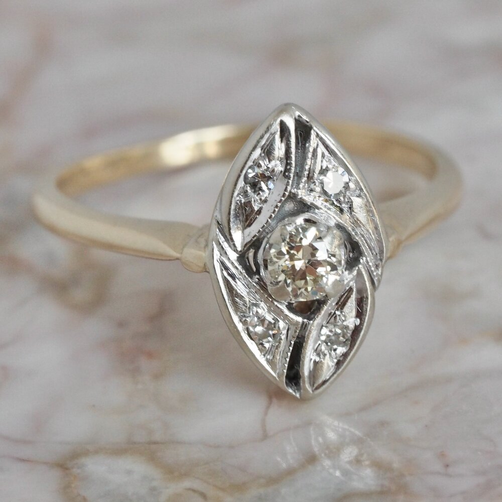 Antique Art Deco 14k Gold Diamond Navette Ring