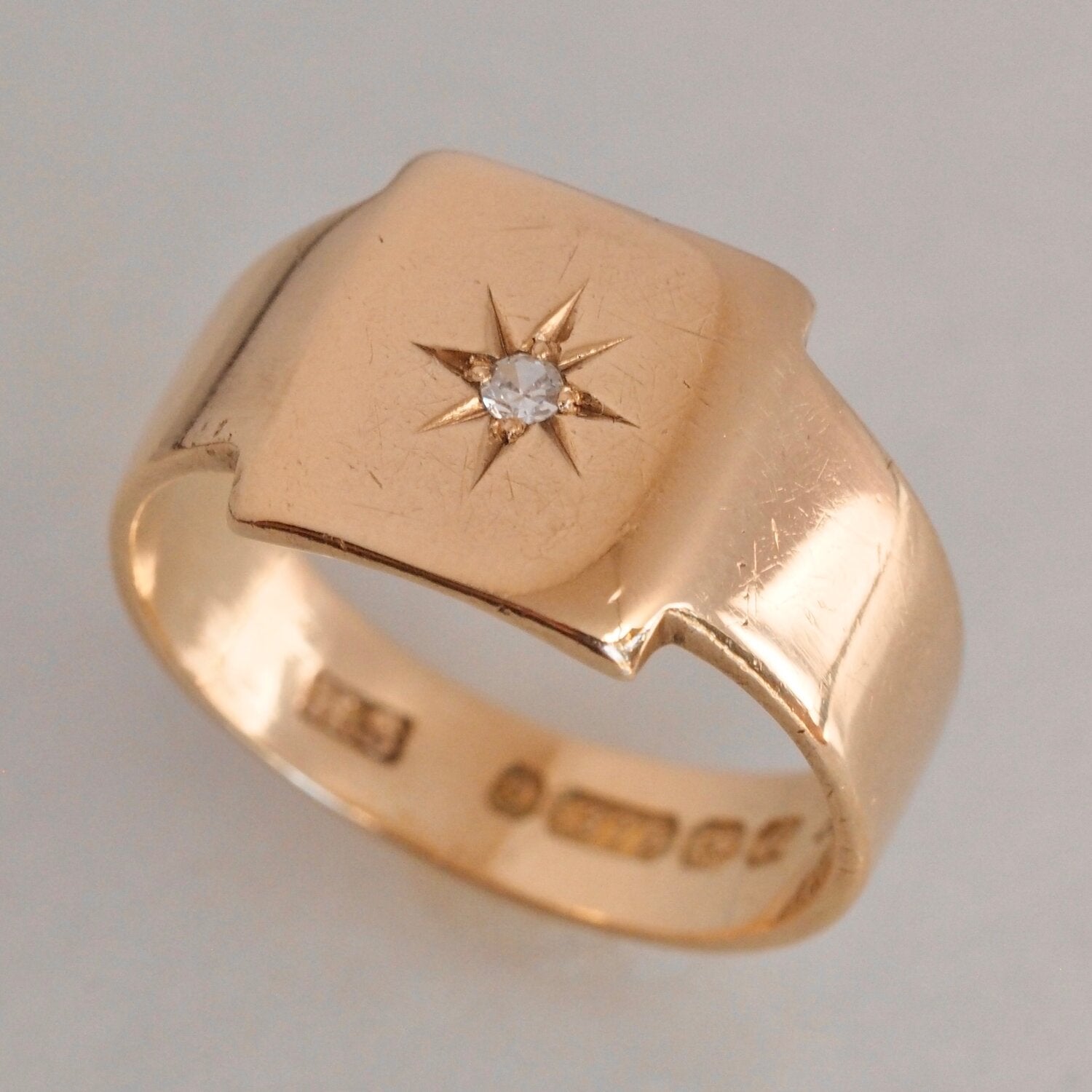 Antique English 9k Gold Square Flush Set Diamond Starburst Ring