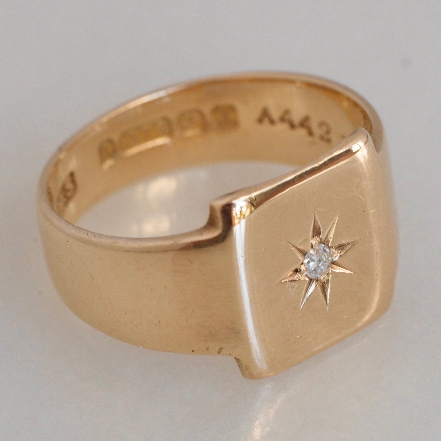 Antique English 9k Gold Square Flush Set Diamond Starburst Ring