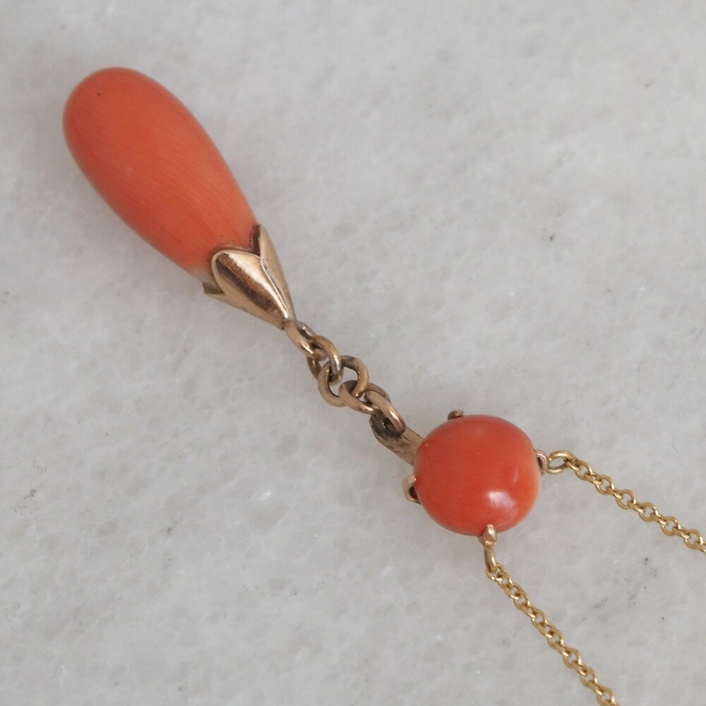 Antique Italian 18k Gold Coral Drop Lavalier Necklace