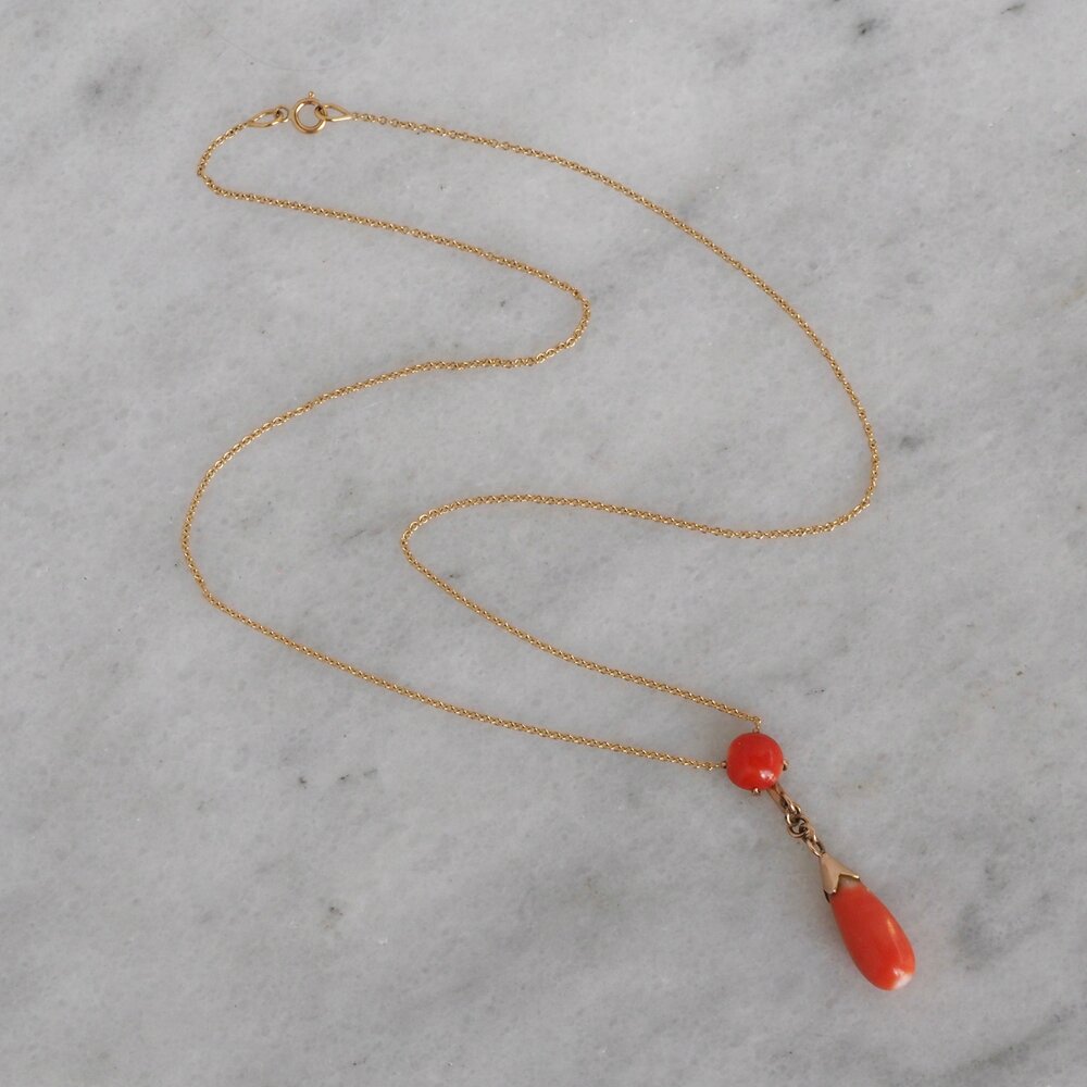 Antique Italian 18k Gold Coral Drop Lavalier Necklace