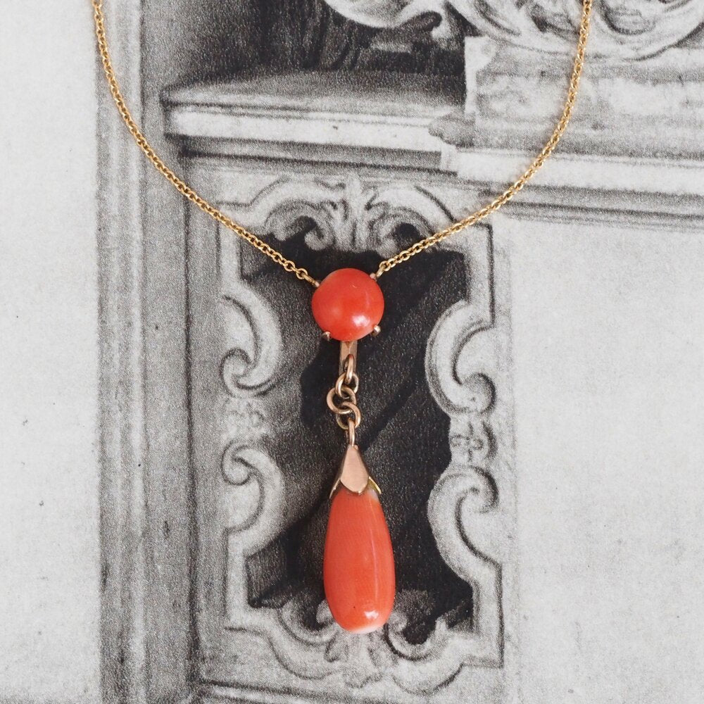 Antique Italian 18k Gold Coral Drop Lavalier Necklace