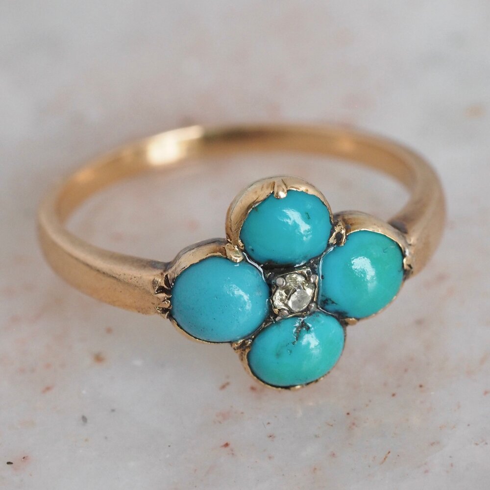 Antique Victorian 18k Gold Turquoise and Old Mine Cut Diamond Ring