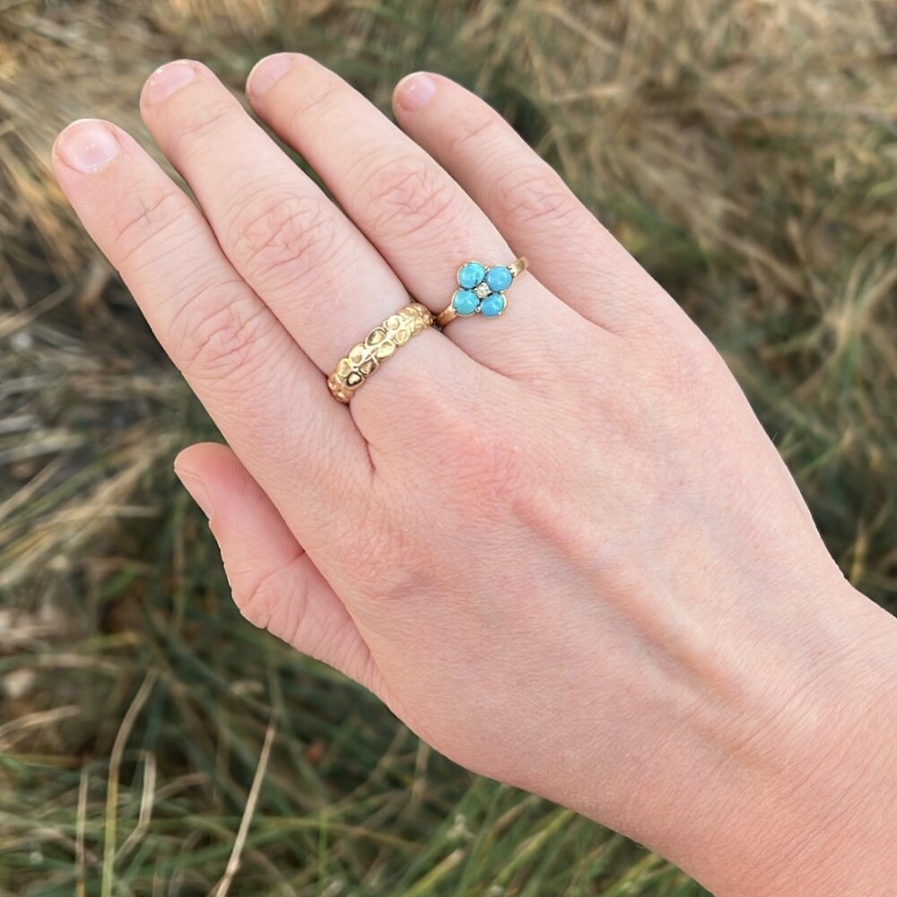 Antique Victorian 18k Gold Turquoise and Old Mine Cut Diamond Ring