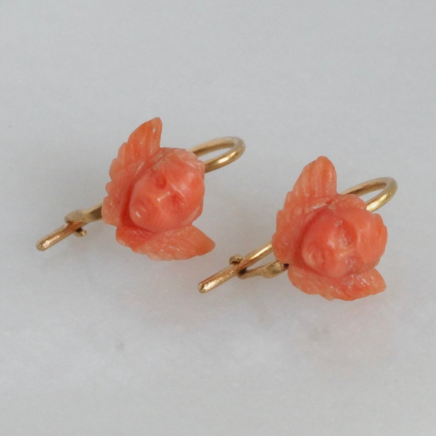 Antique Victorian Portuguese 19k Gold Carved Coral Cherub Earrings