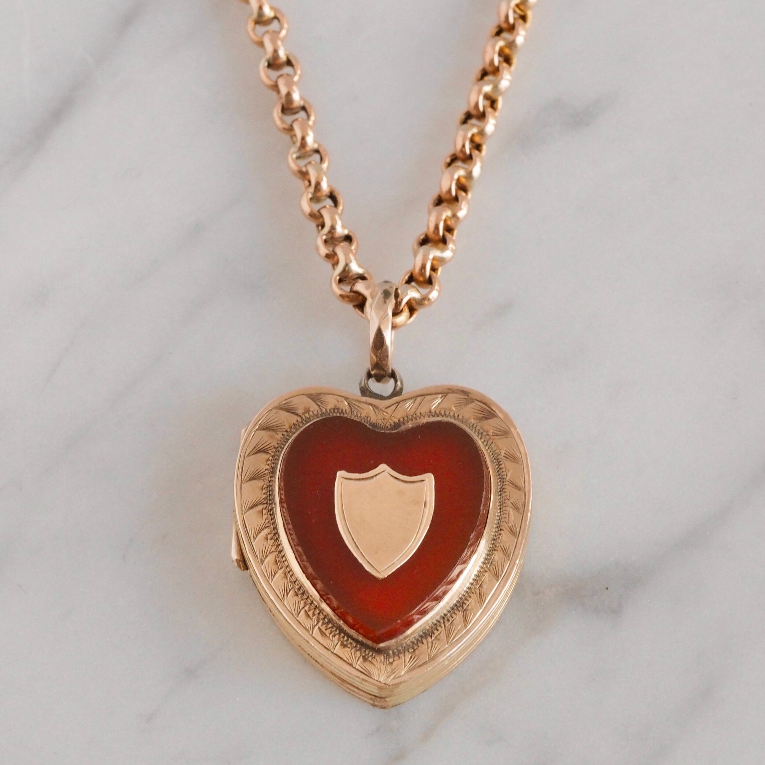 Antique 9k Gold Carnelian Heart Shield Locket