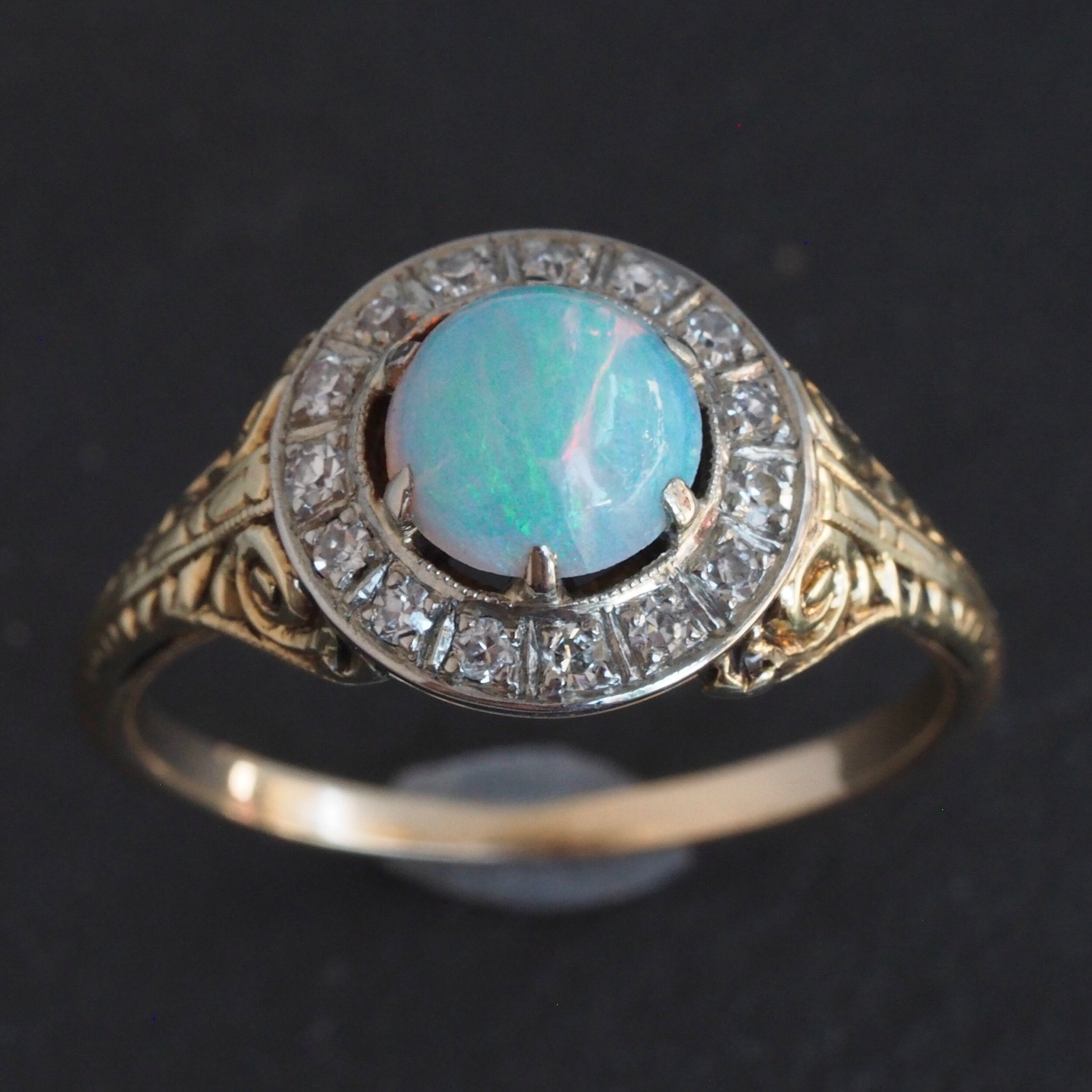 Antique Art Deco 14k Gold Bullseye Opal and Diamond Halo Ring