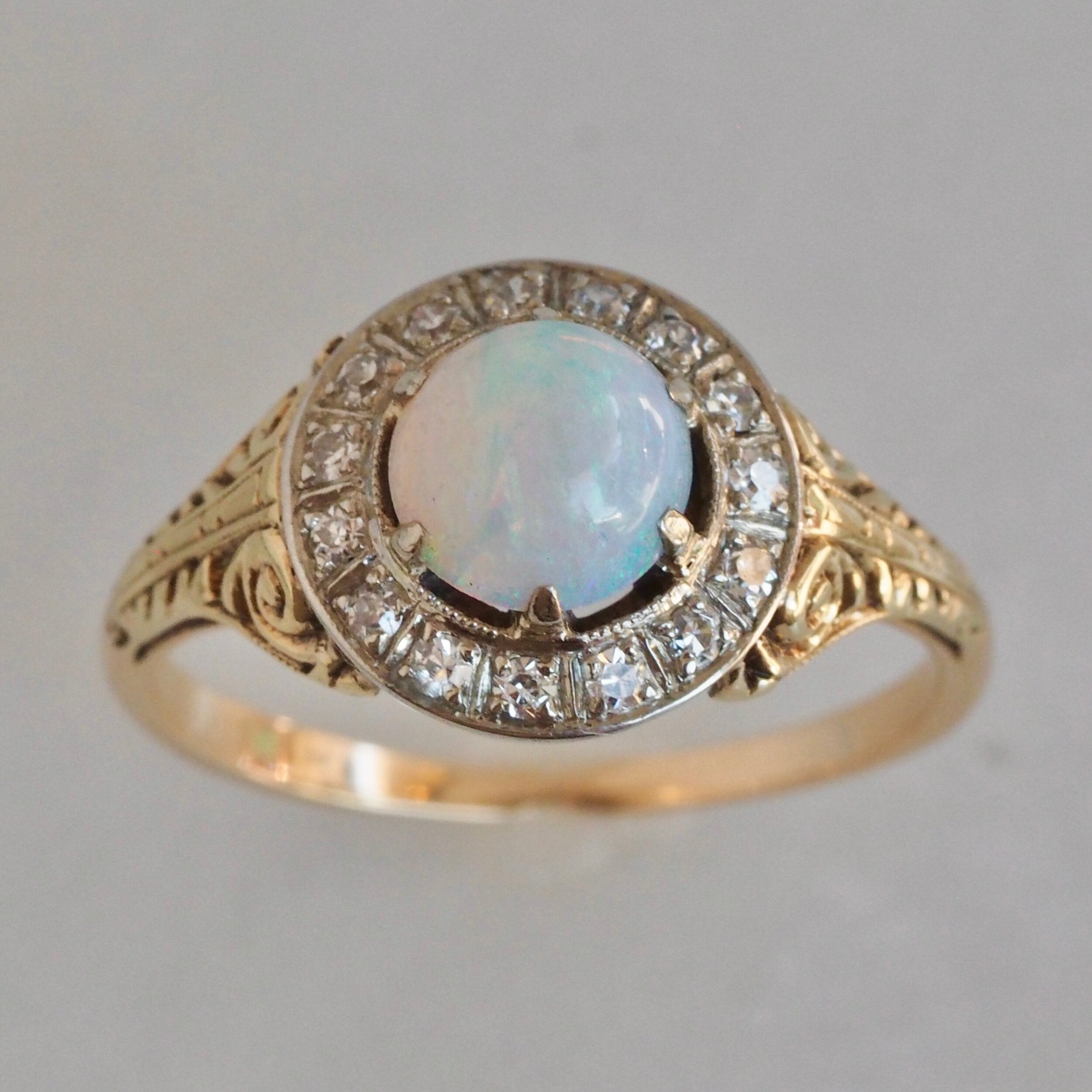 Antique Art Deco 14k Gold Bullseye Opal and Diamond Halo Ring