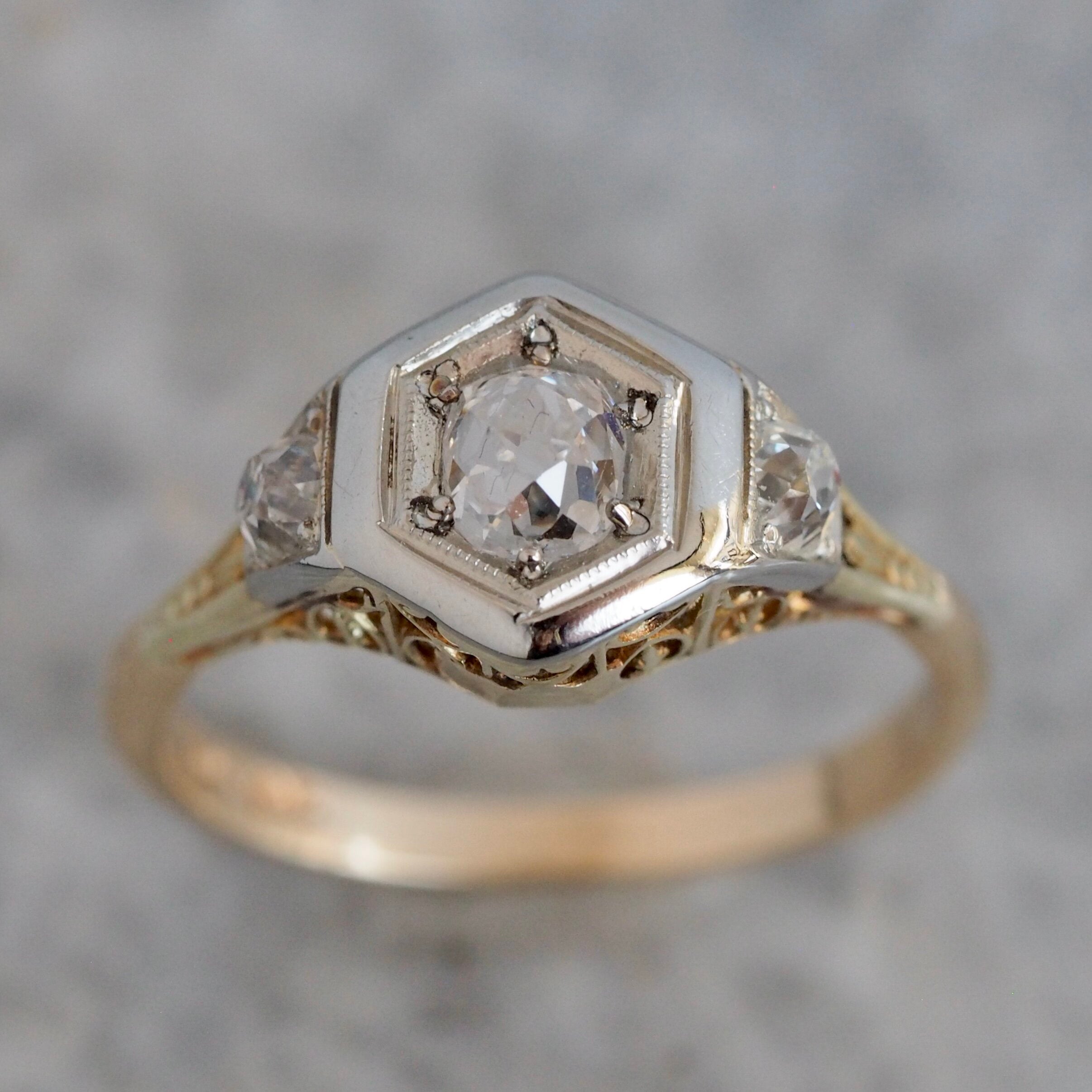 Antique Art Deco 14k Gold Old Mine Cut Diamond Ring